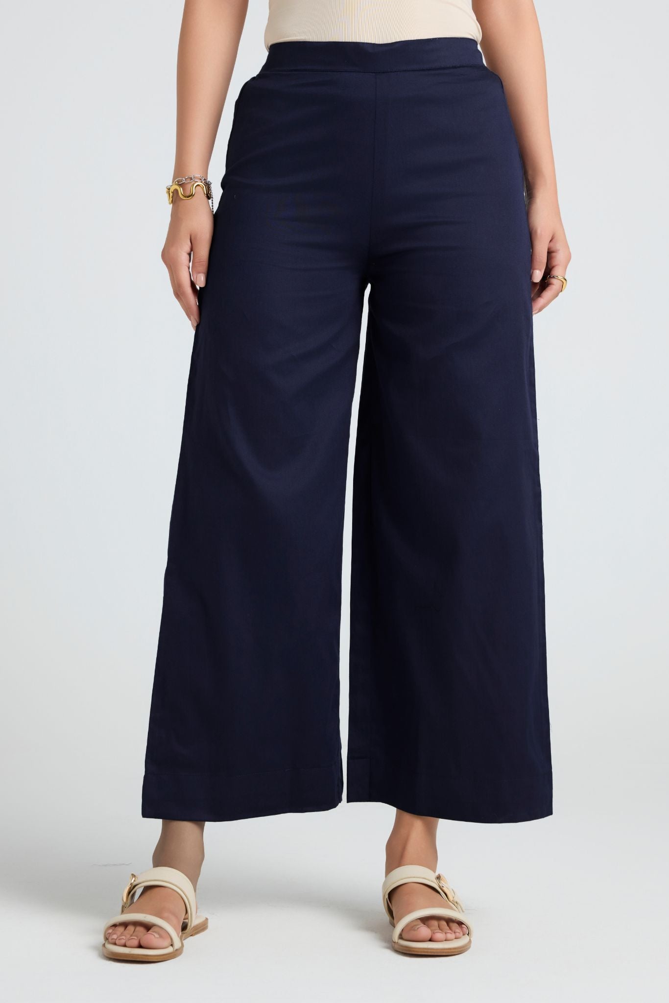 Wide Cotton Pants - Navy