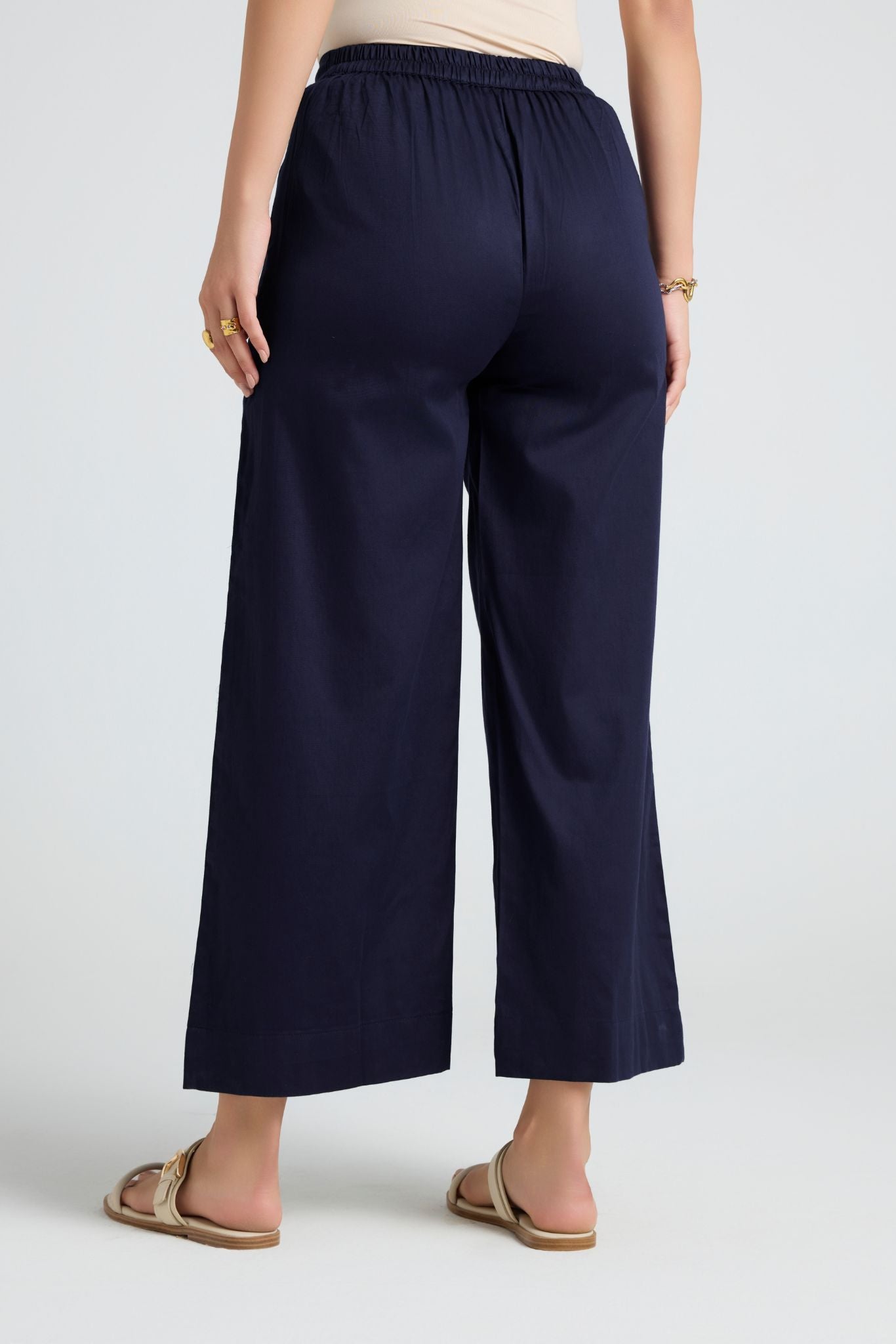 Wide Cotton Pants - Navy