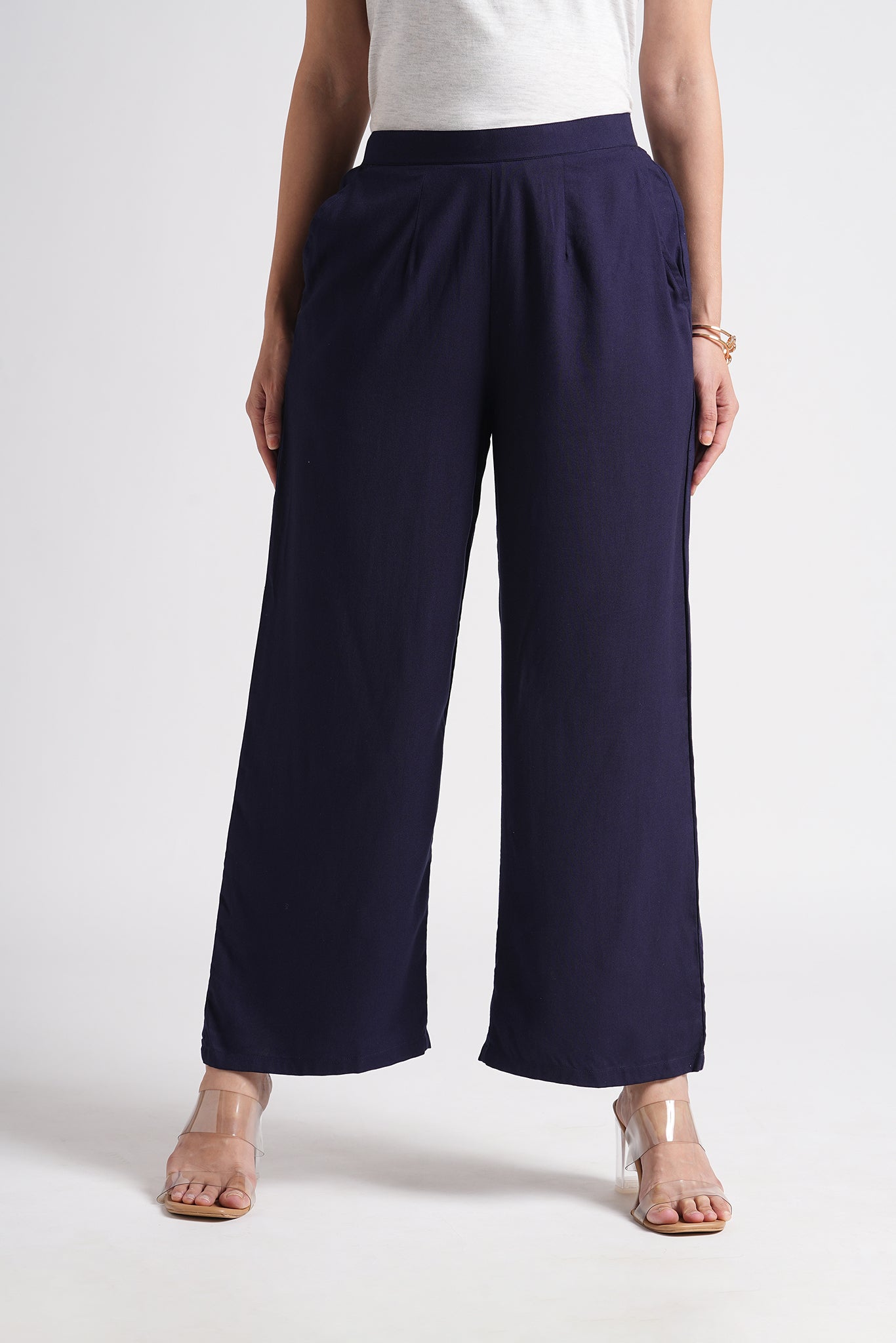 Wide Rayon Cotton Palazzo - Navy