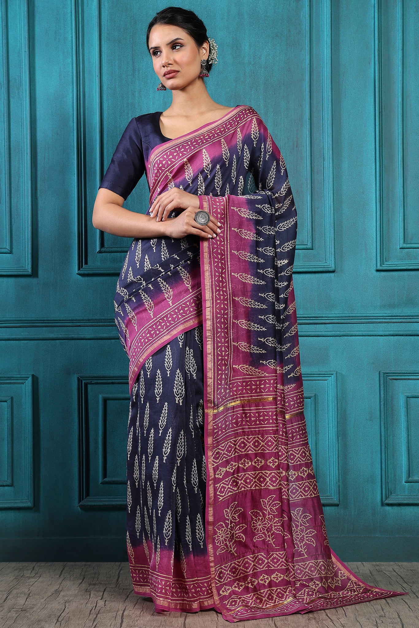 Purply Magenta Handblock Printed Chanderi Saree - House of Ayuda