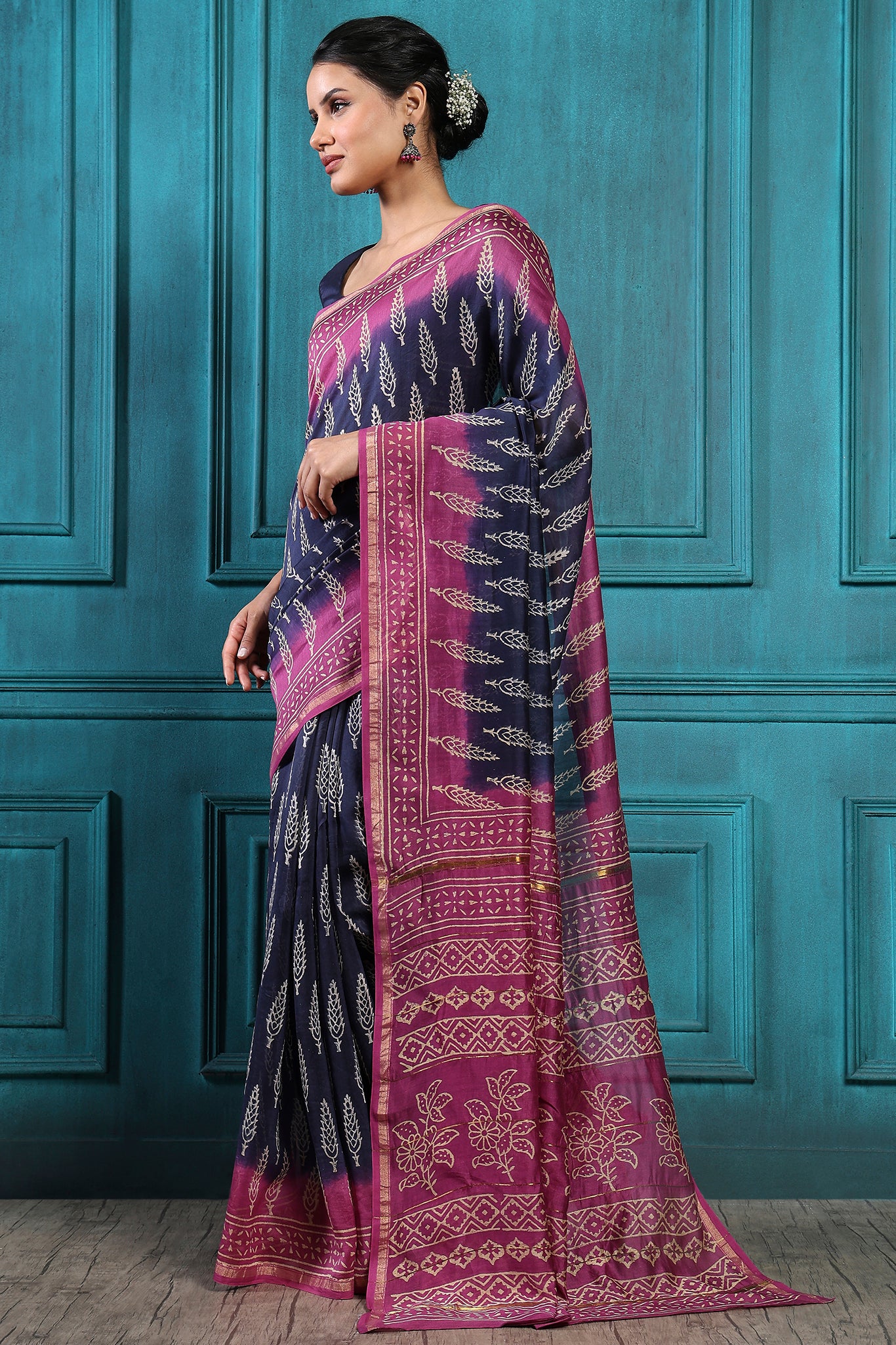 Purply Magenta Handblock Printed Chanderi Saree - House of Ayuda