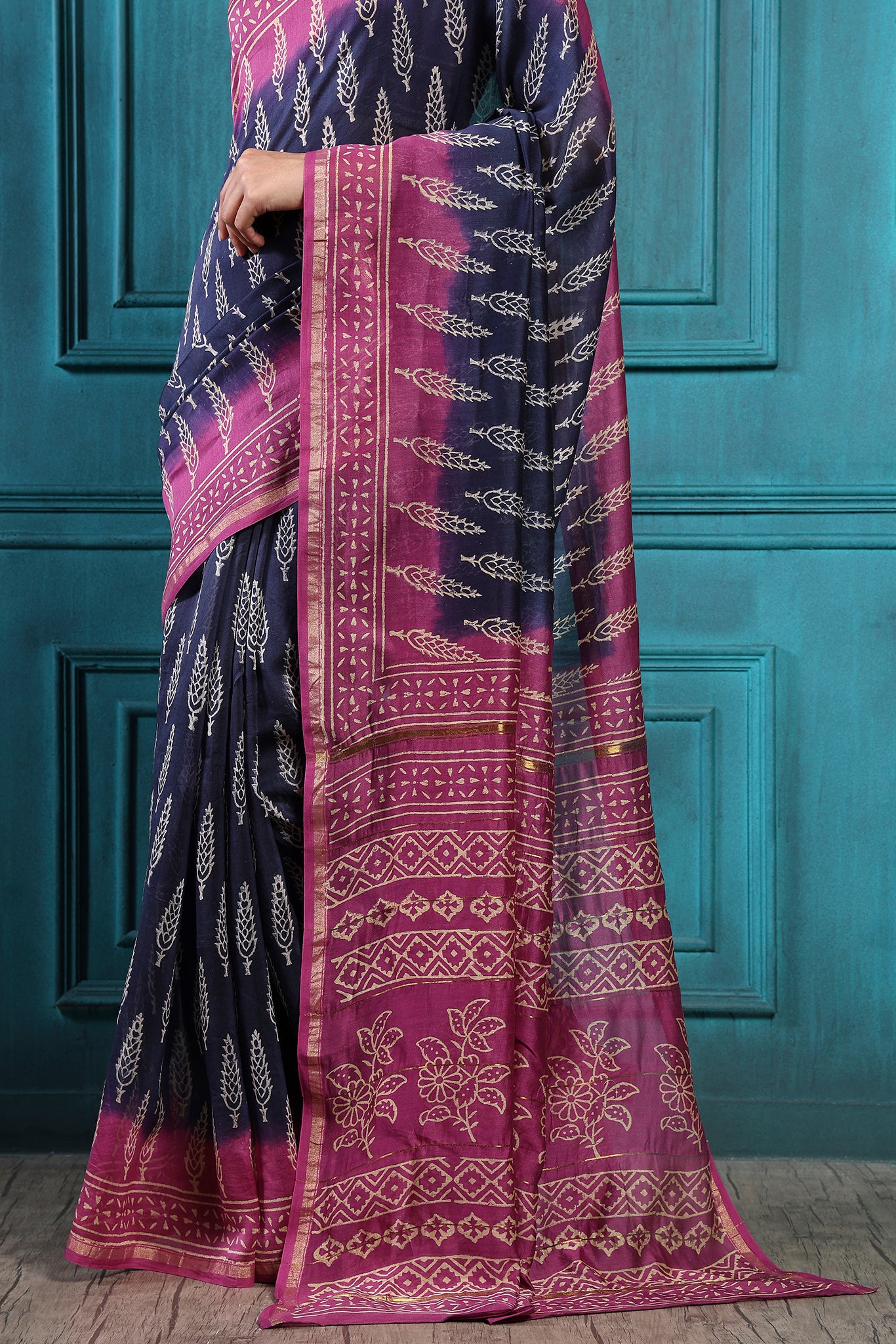 Purply Magenta Handblock Printed Chanderi Saree - House of Ayuda