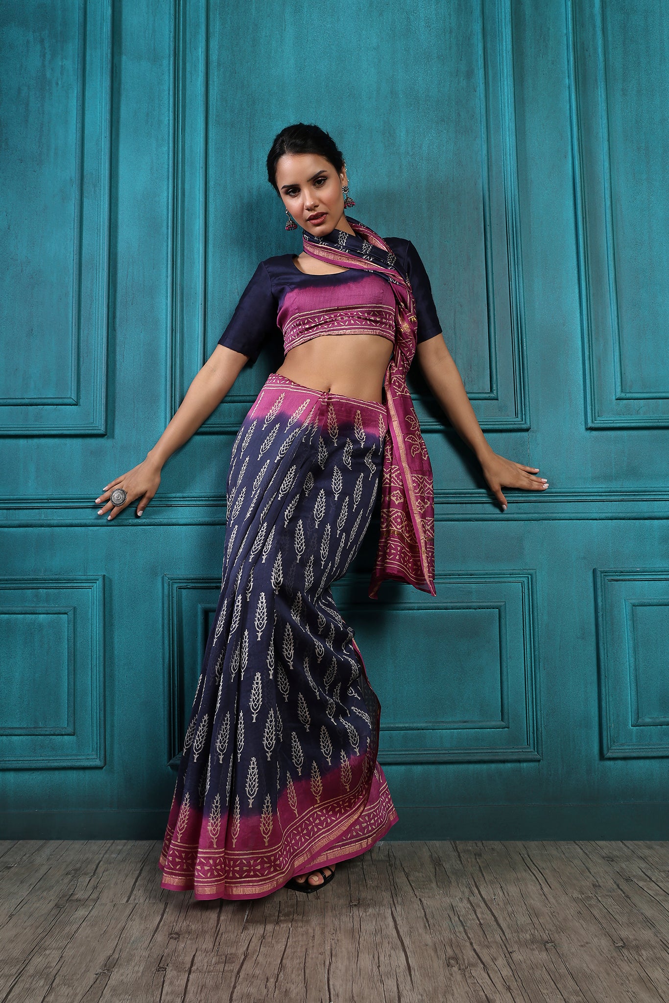 Purply Magenta Handblock Printed Chanderi Saree - House of Ayuda