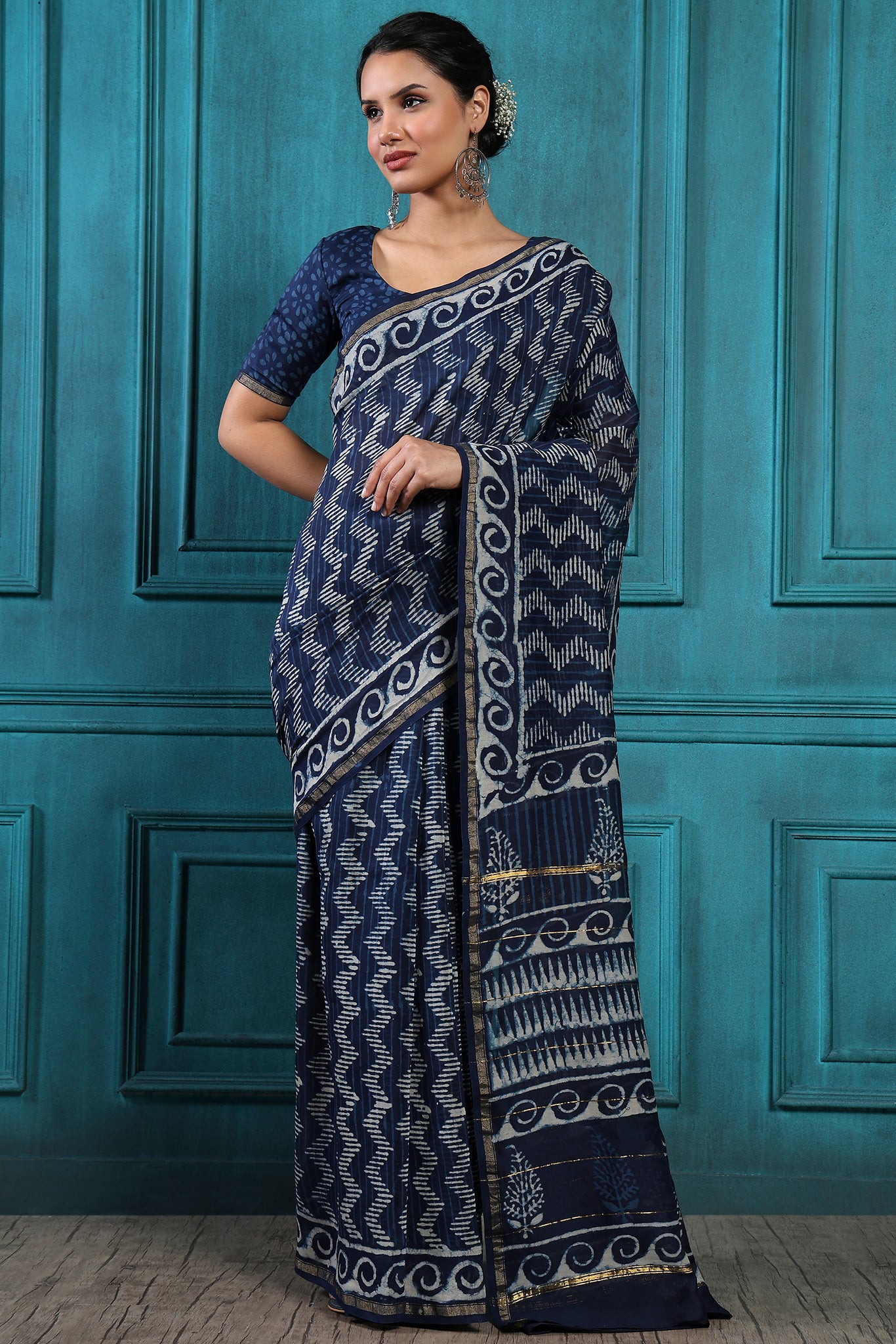 Cyan Blue Handblock Printed Chanderi Saree - House of Ayuda