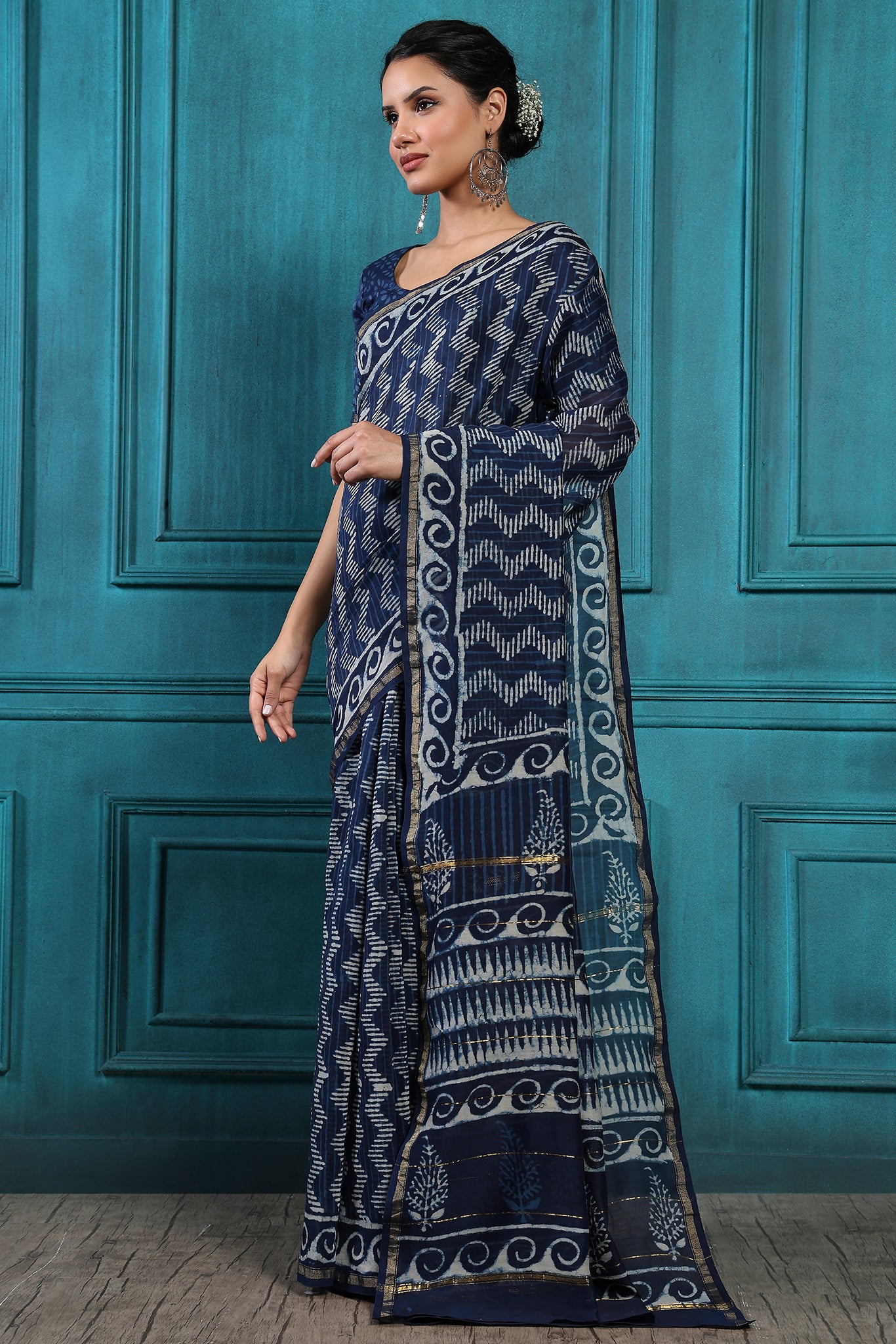 Cyan Blue Handblock Printed Chanderi Saree - House of Ayuda