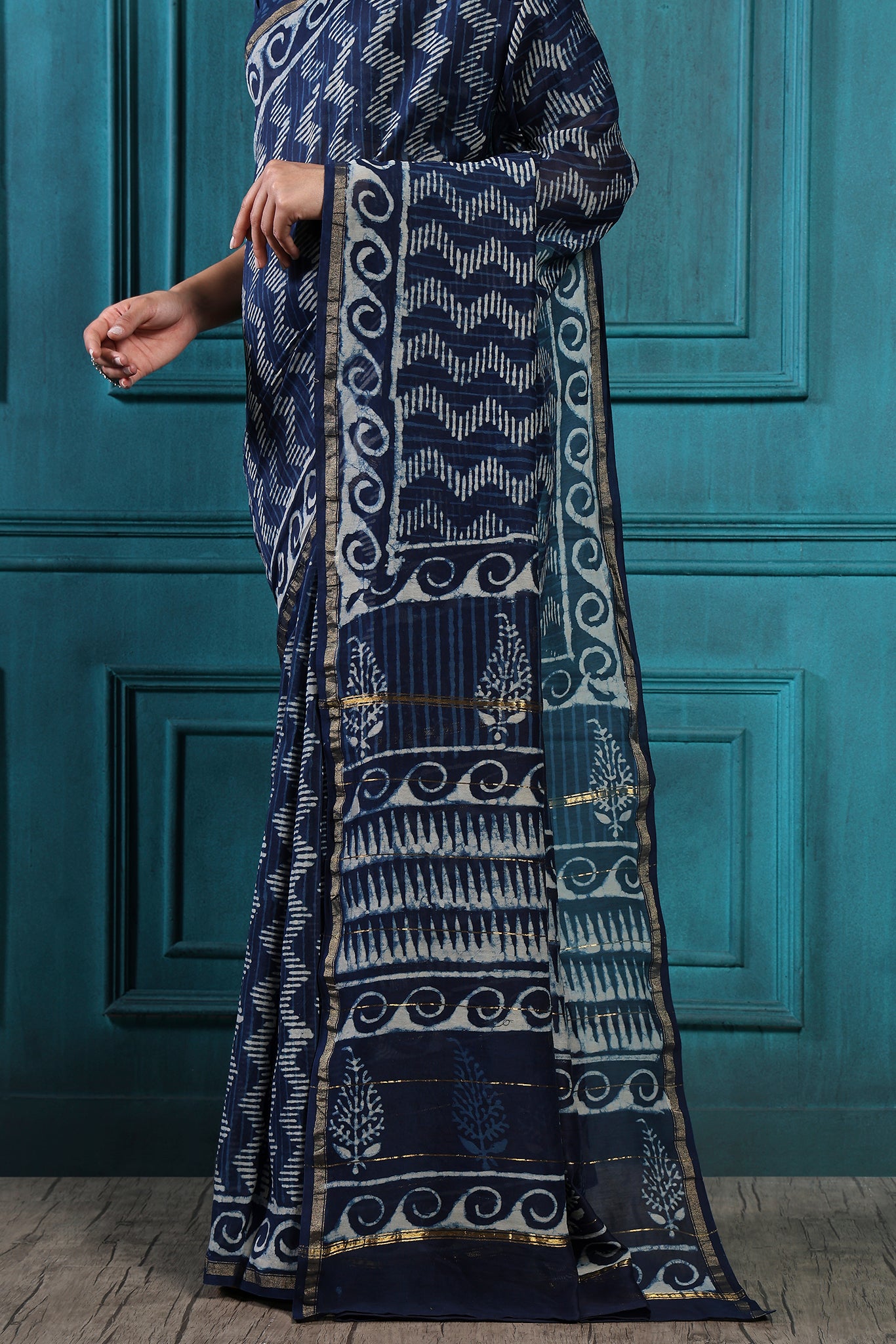 Cyan Blue Handblock Printed Chanderi Saree - House of Ayuda