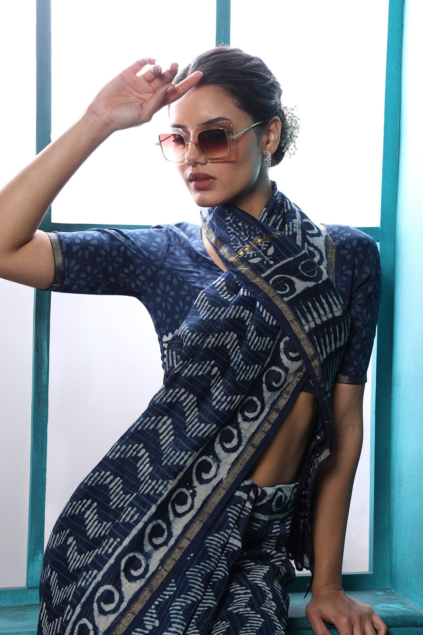 Cyan Blue Handblock Printed Chanderi Saree - House of Ayuda