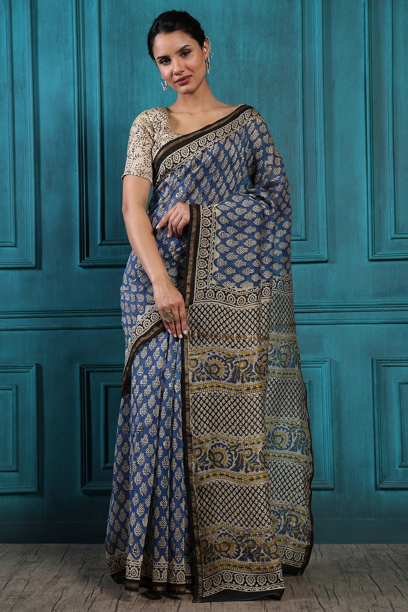 Pickled Bluewood Handblock Printed Chanderi Saree - House of Ayuda