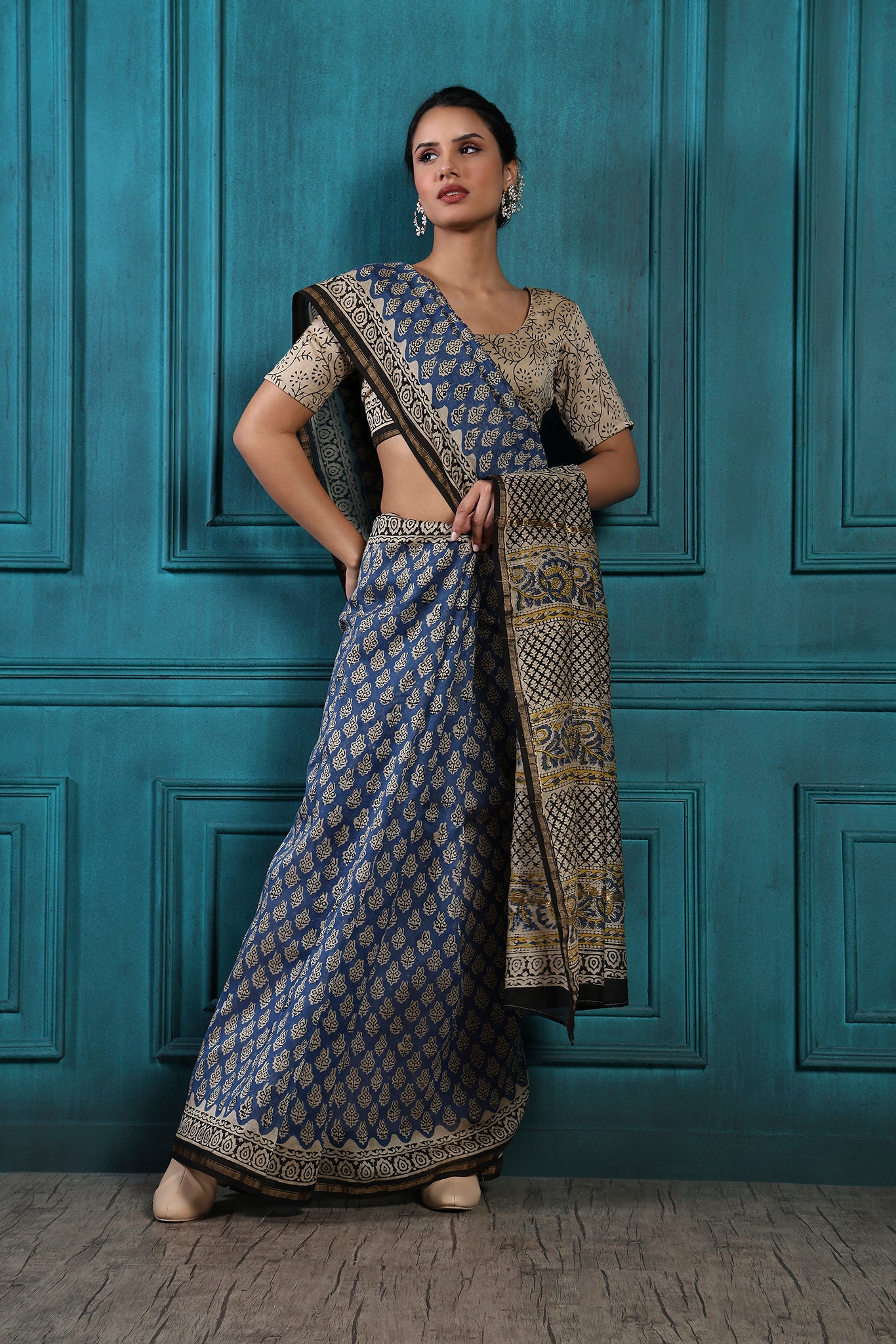 Pickled Bluewood Handblock Printed Chanderi Saree - House of Ayuda