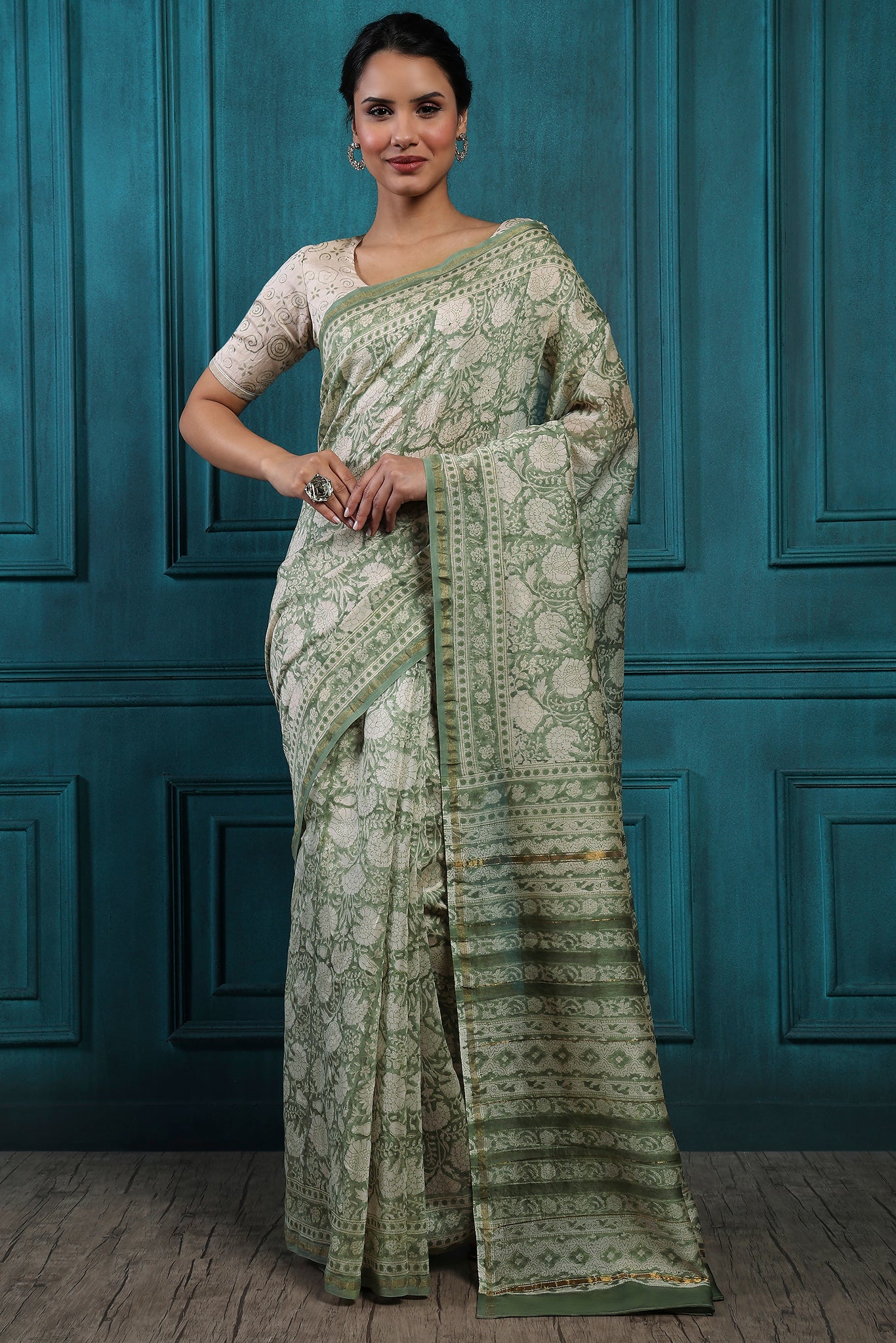 Sandstone Handblock Printed Chanderi Saree - House of Ayuda
