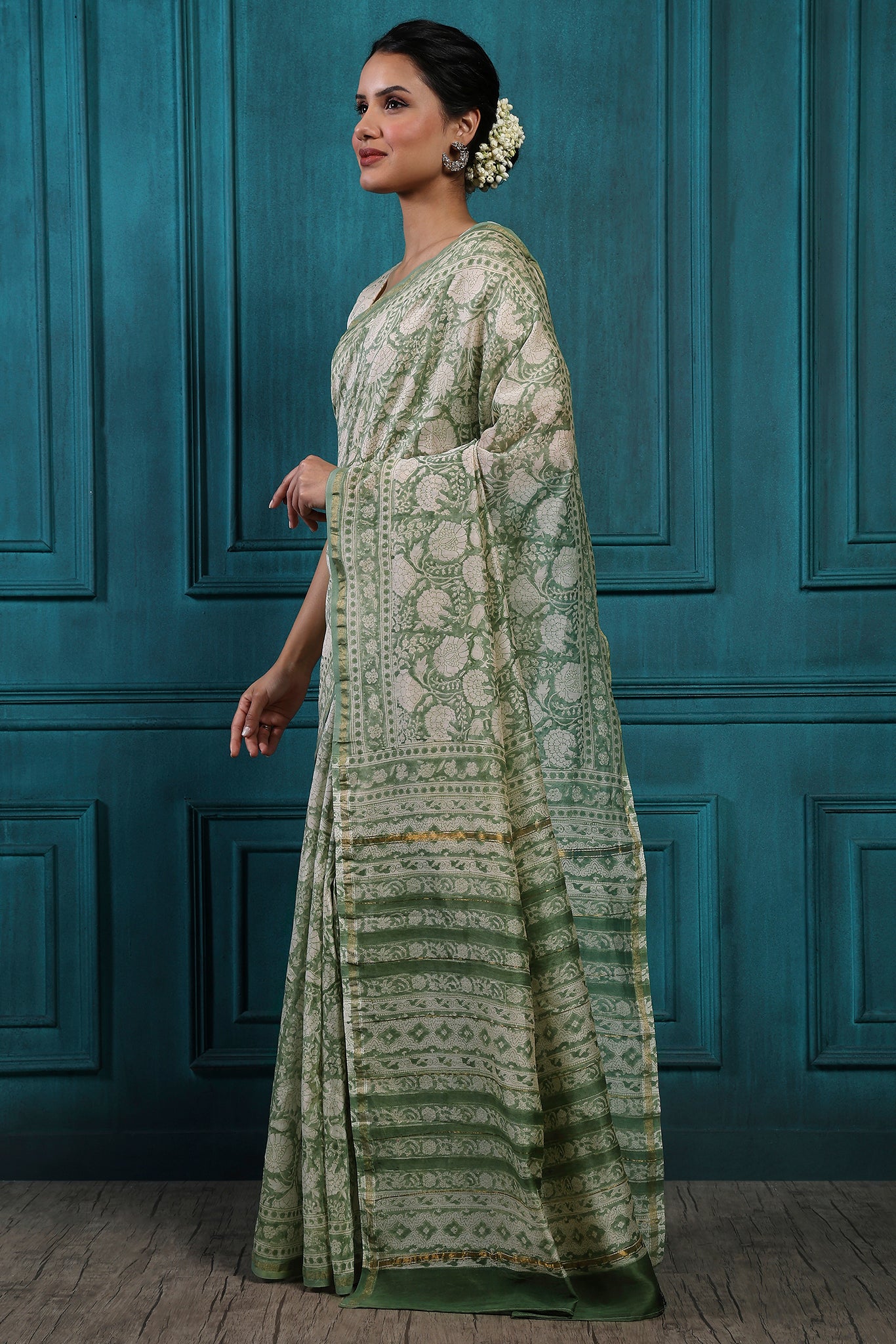 Sandstone Handblock Printed Chanderi Saree - House of Ayuda