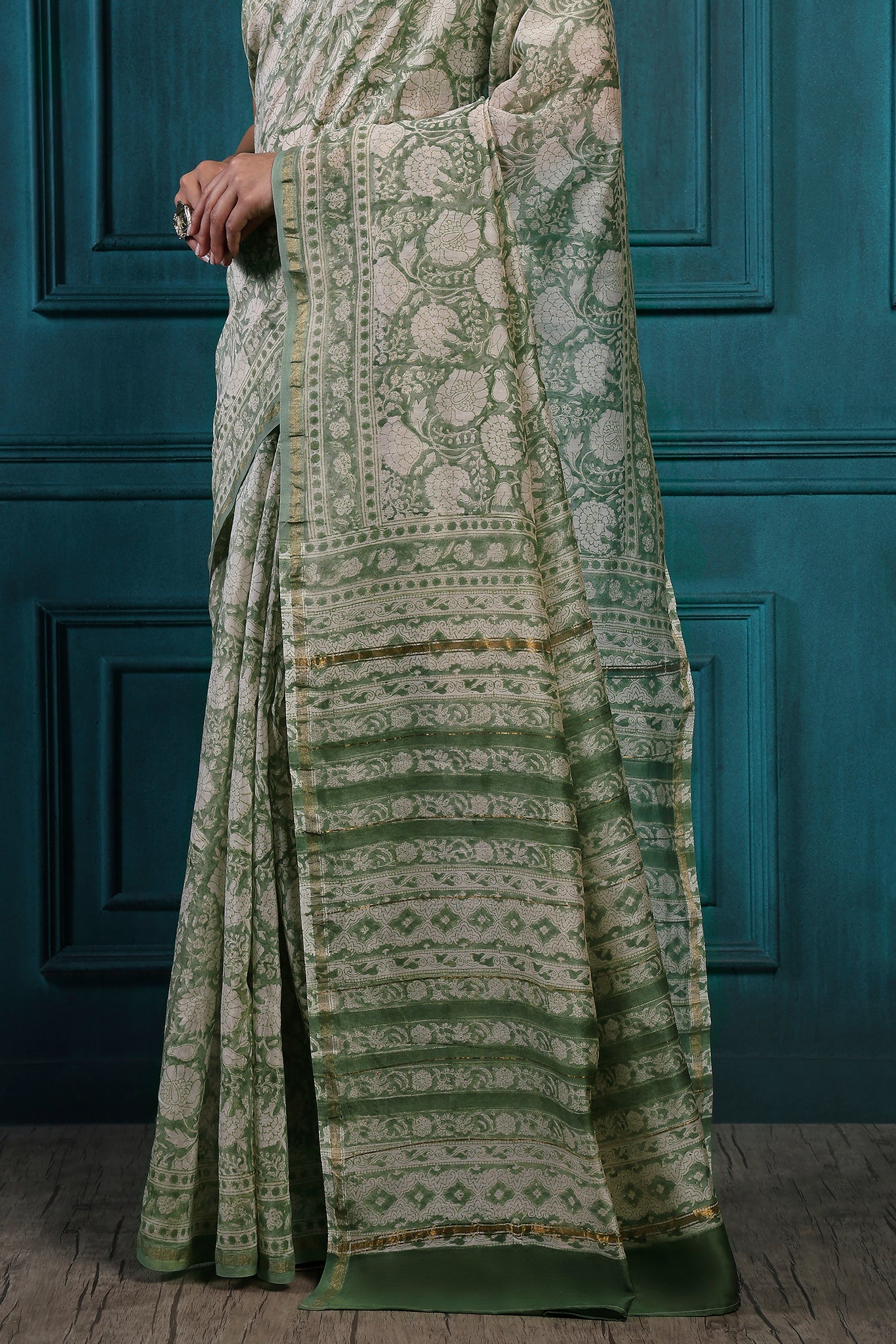 Sandstone Handblock Printed Chanderi Saree - House of Ayuda