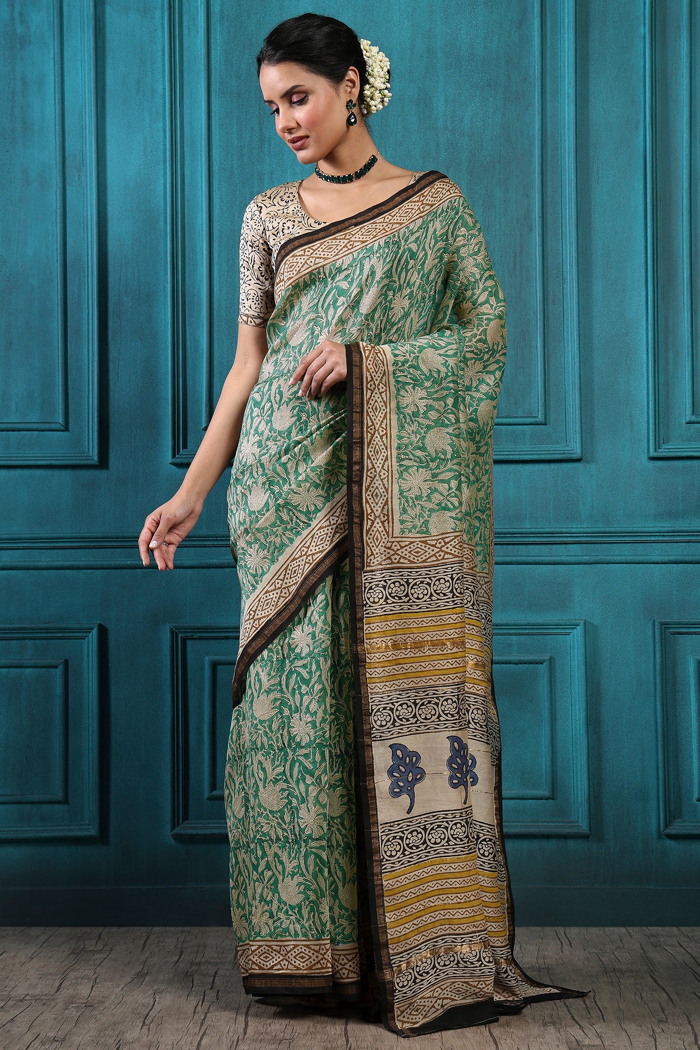 Bronco Handblock Printed Chanderi Saree - House of Ayuda