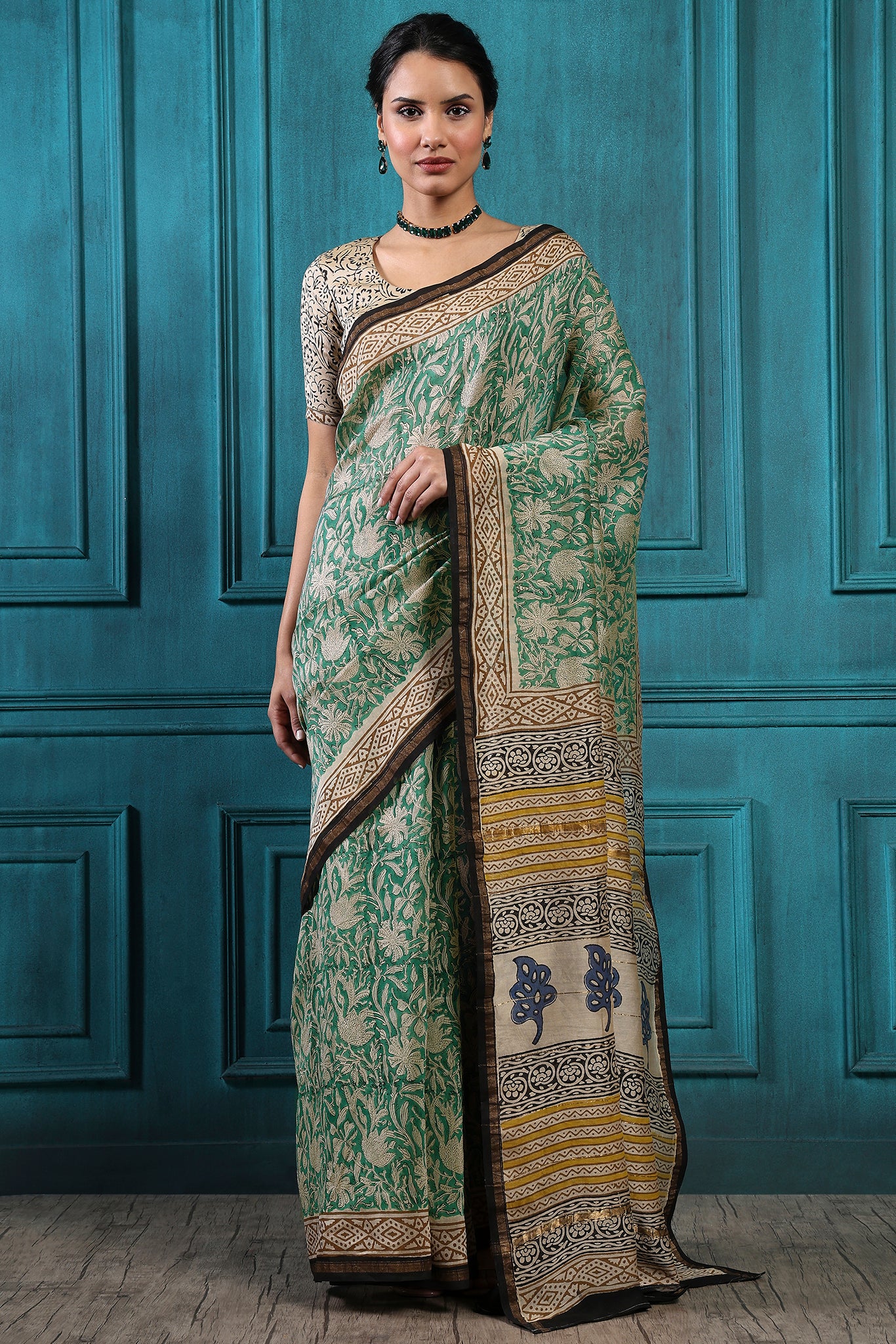 Bronco Handblock Printed Chanderi Saree - House of Ayuda