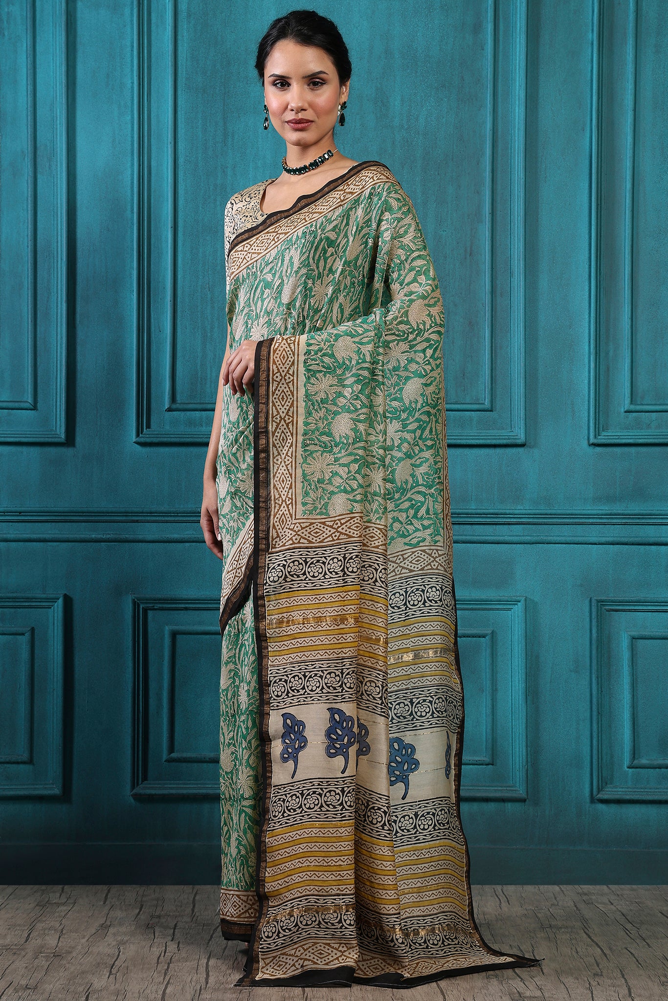 Bronco Handblock Printed Chanderi Saree - House of Ayuda