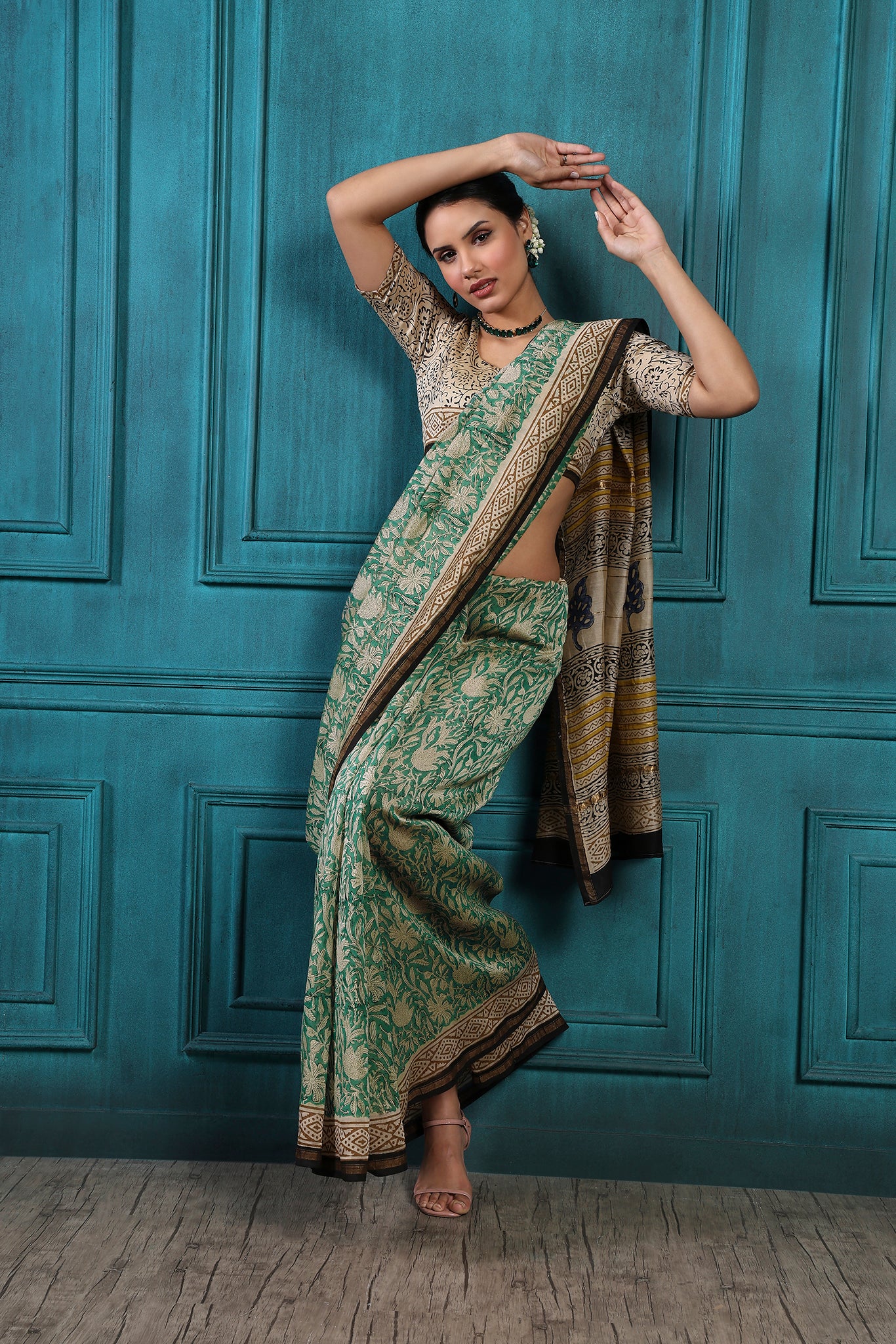 Bronco Handblock Printed Chanderi Saree - House of Ayuda