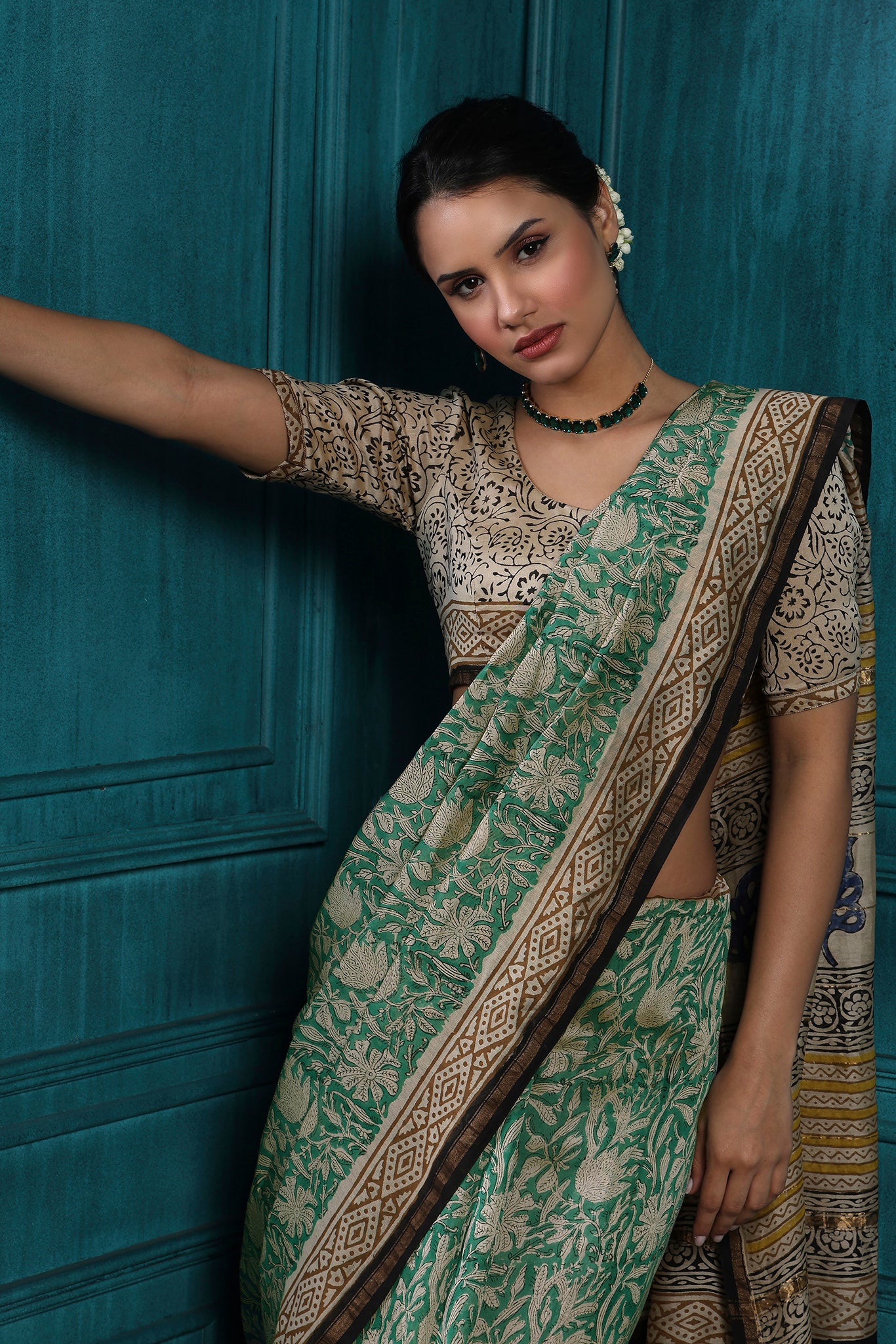 Bronco Handblock Printed Chanderi Saree - House of Ayuda