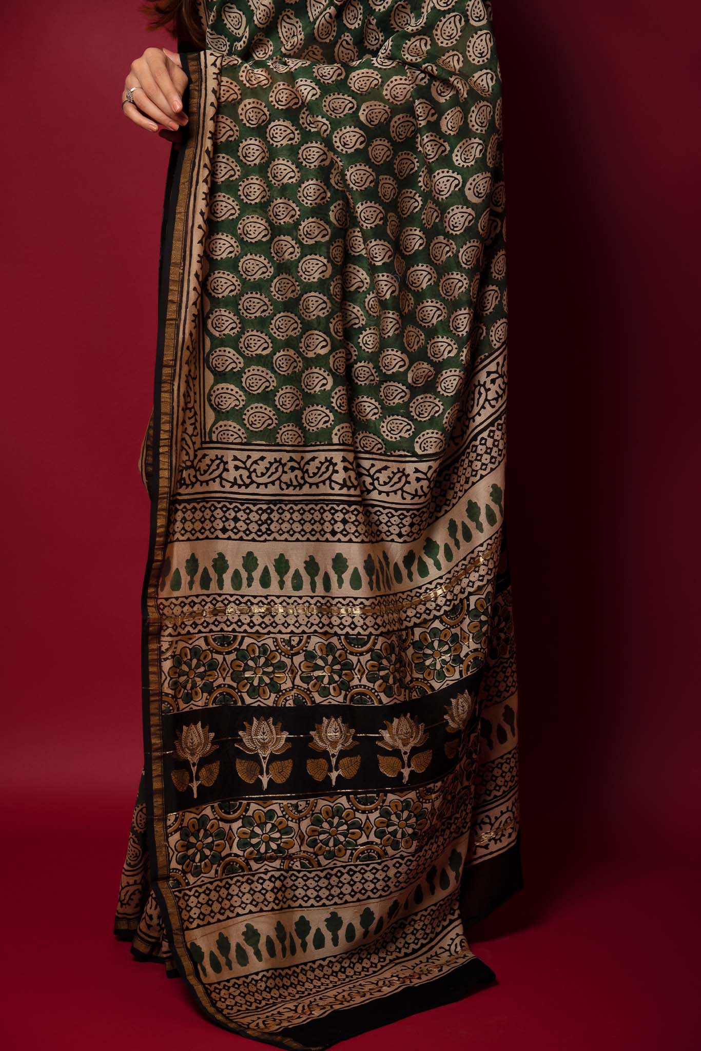Charcoal Green Handblock Printed Chanderi Saree - House of Ayuda
