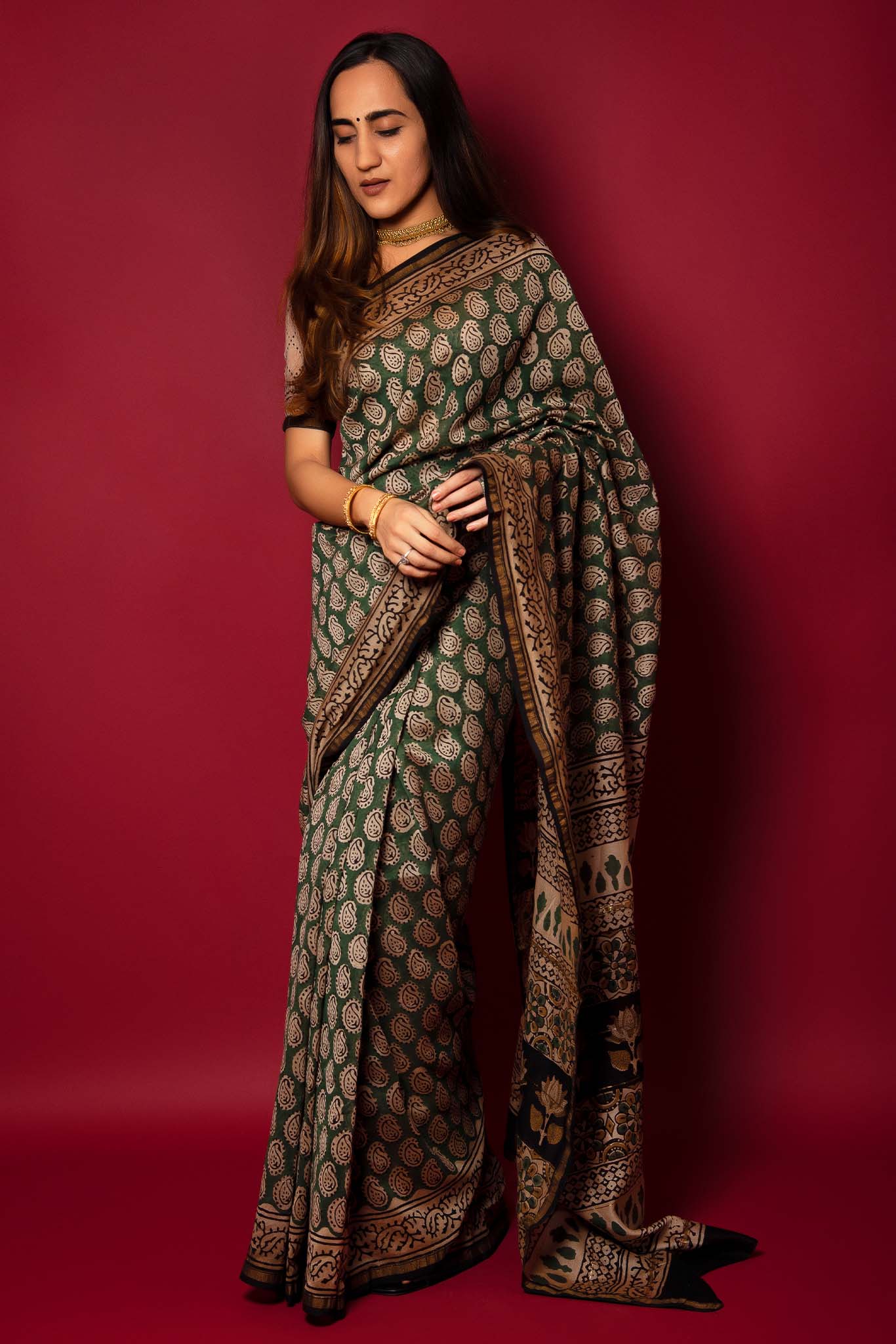 Charcoal Green Handblock Printed Chanderi Saree - House of Ayuda