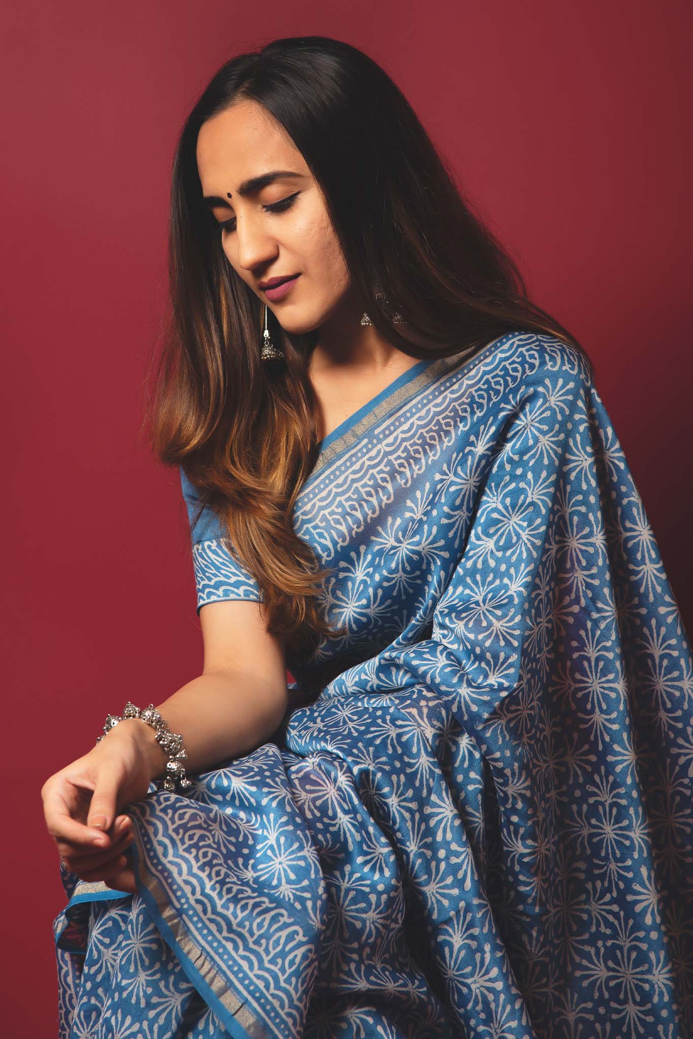 Silk Blue Handblock Printed Chanderi Saree - House of Ayuda