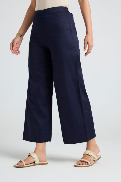 Wide Cotton Pants - Navy