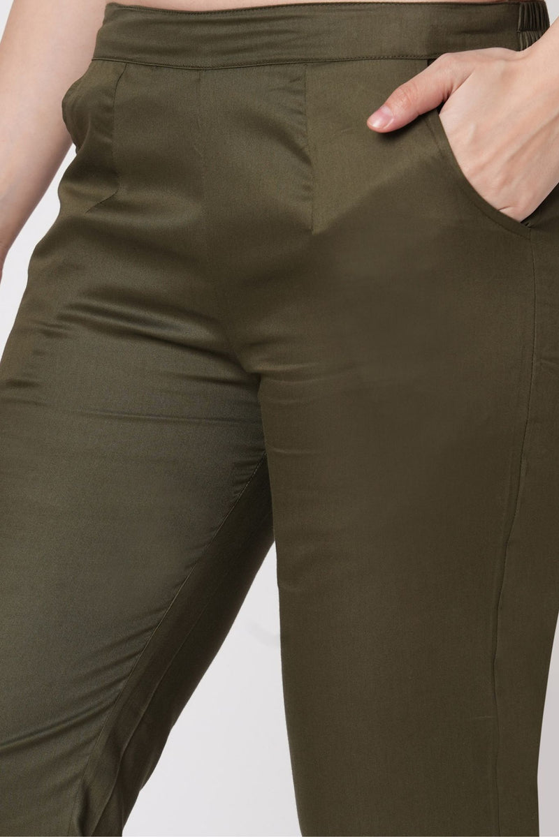 Narrow Cotton Pants - Olive