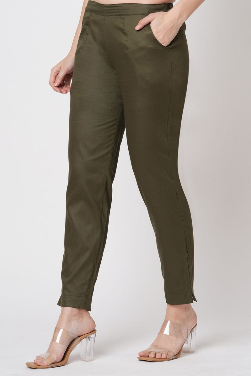 Narrow Cotton Pants - Olive