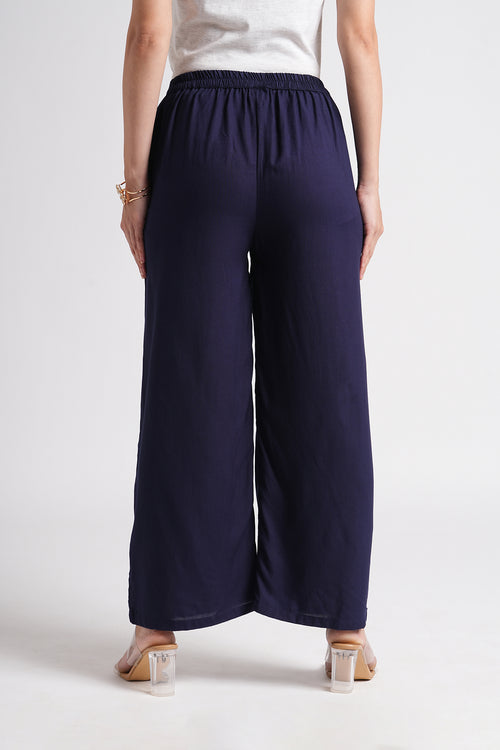 Wide Rayon Cotton Palazzo - Navy
