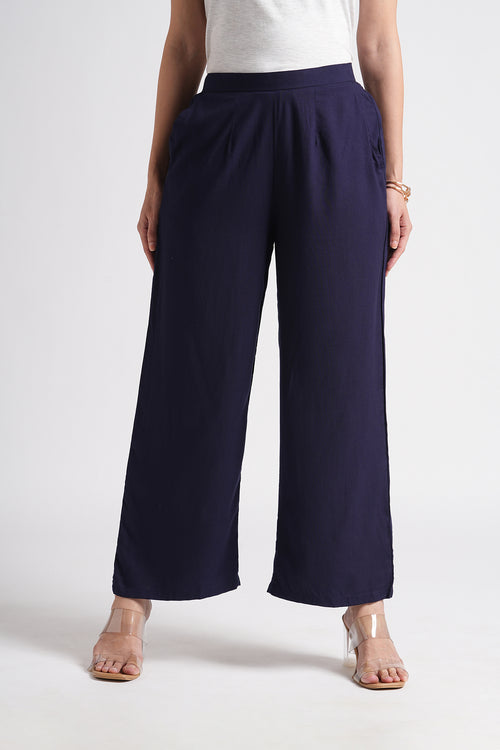 Wide Rayon Cotton Palazzo - Navy