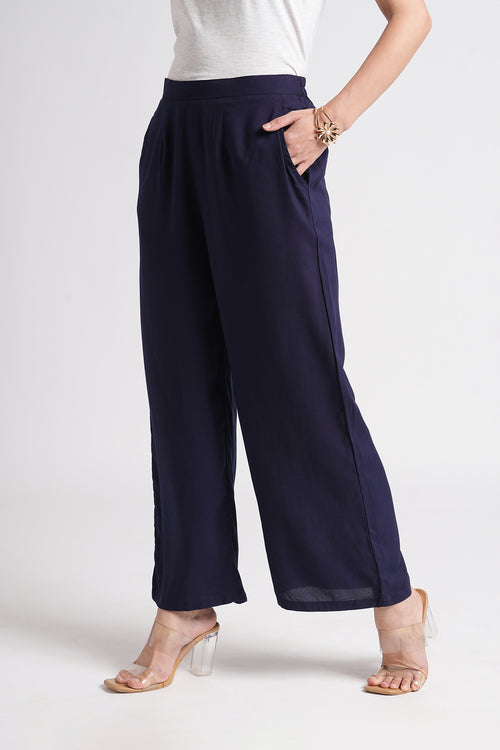 Wide Rayon Cotton Palazzo - Navy