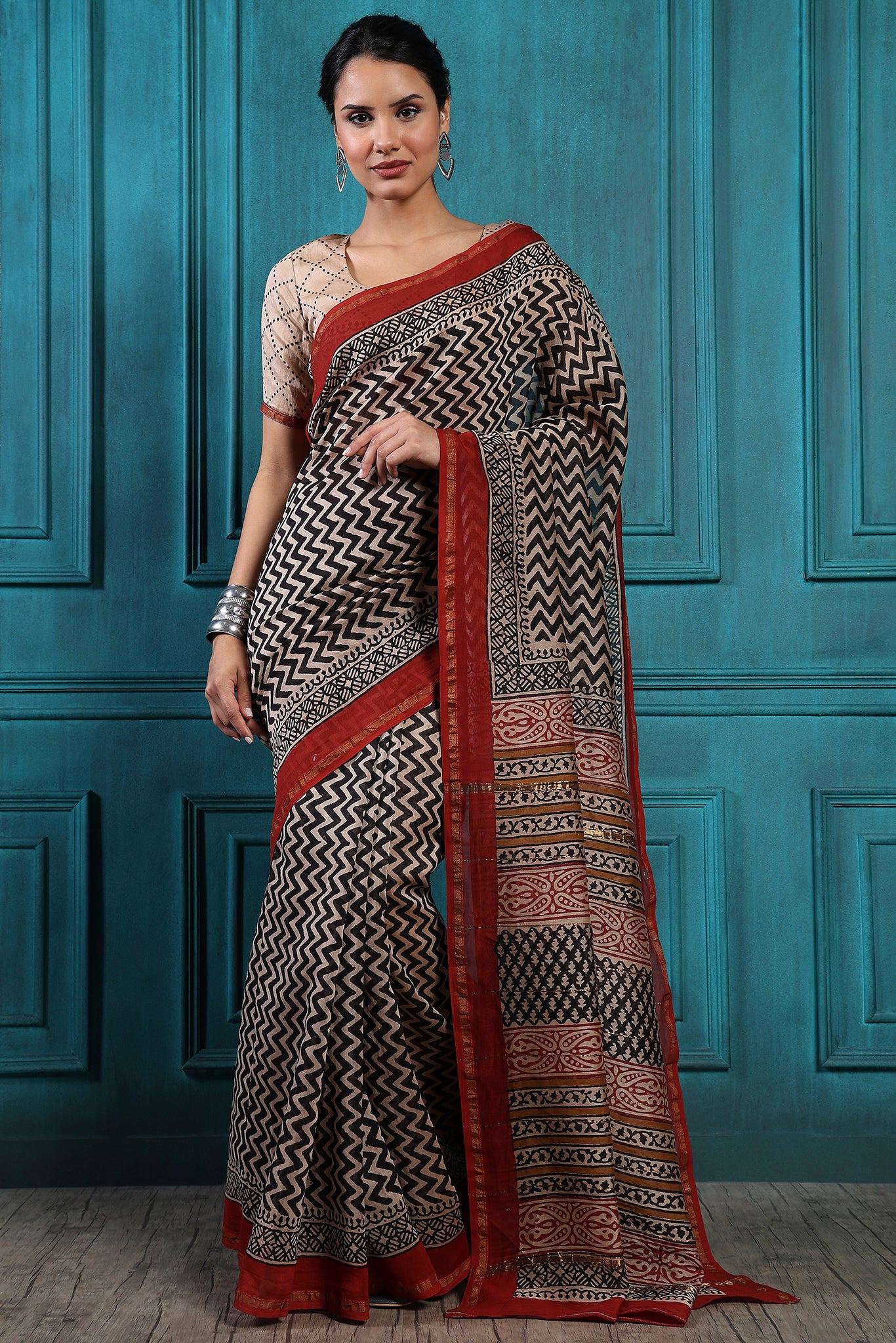 Almond Frost Handblock Printed Chanderi Saree - House of Ayuda