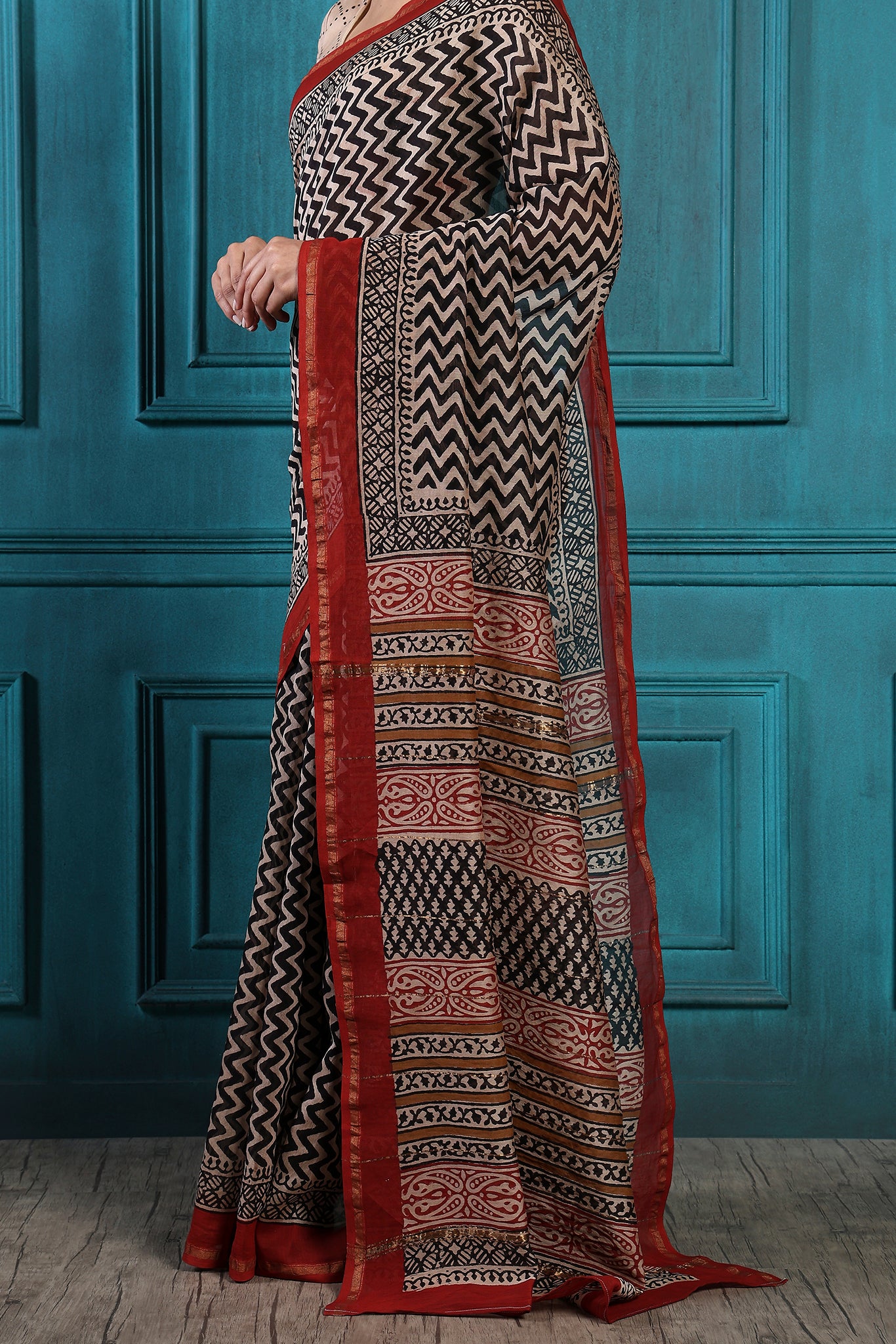 Almond Frost Handblock Printed Chanderi Saree - House of Ayuda