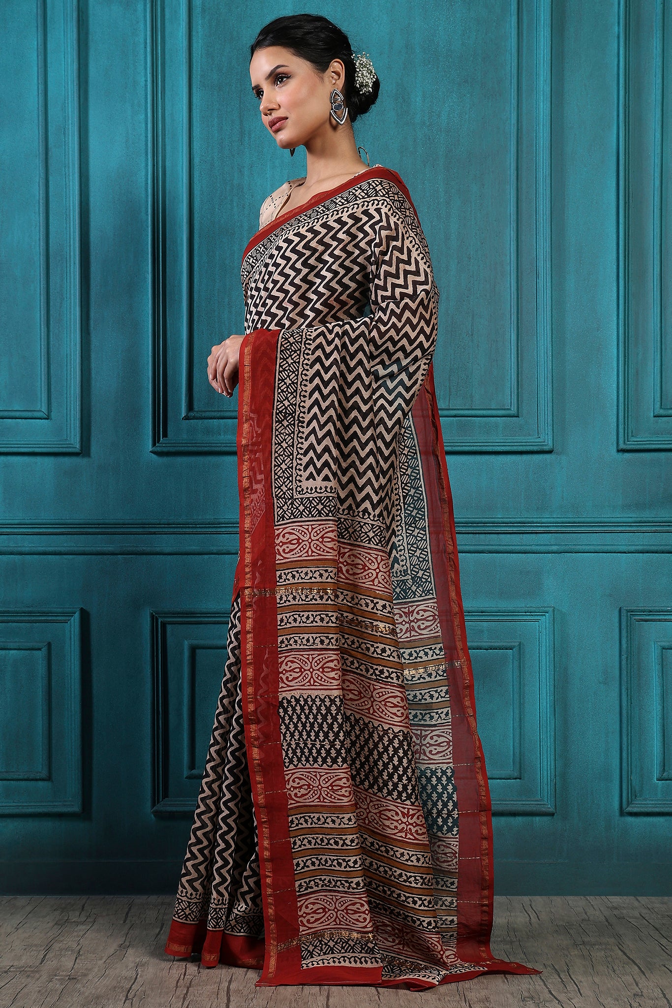 Almond Frost Handblock Printed Chanderi Saree - House of Ayuda