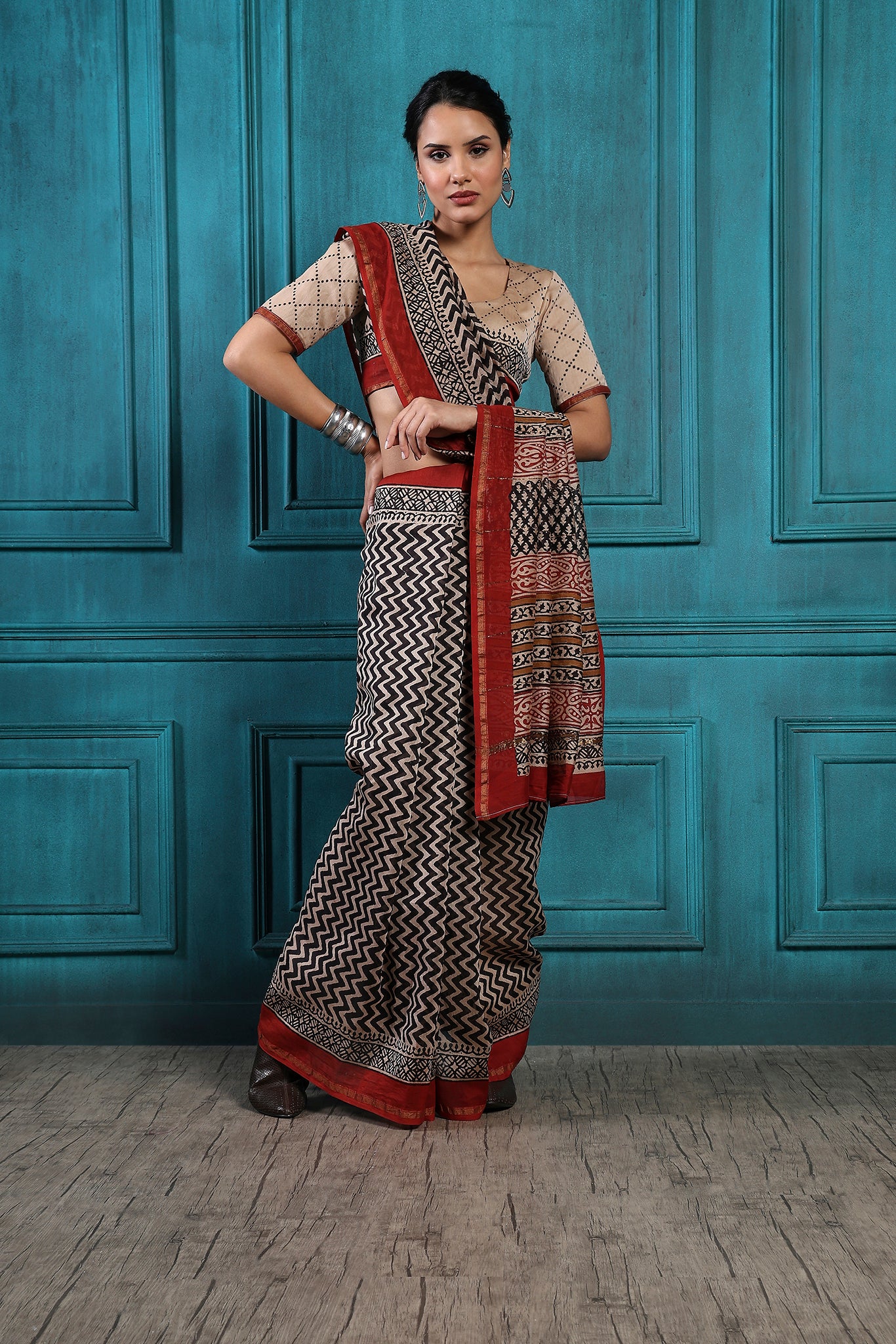 Almond Frost Handblock Printed Chanderi Saree - House of Ayuda