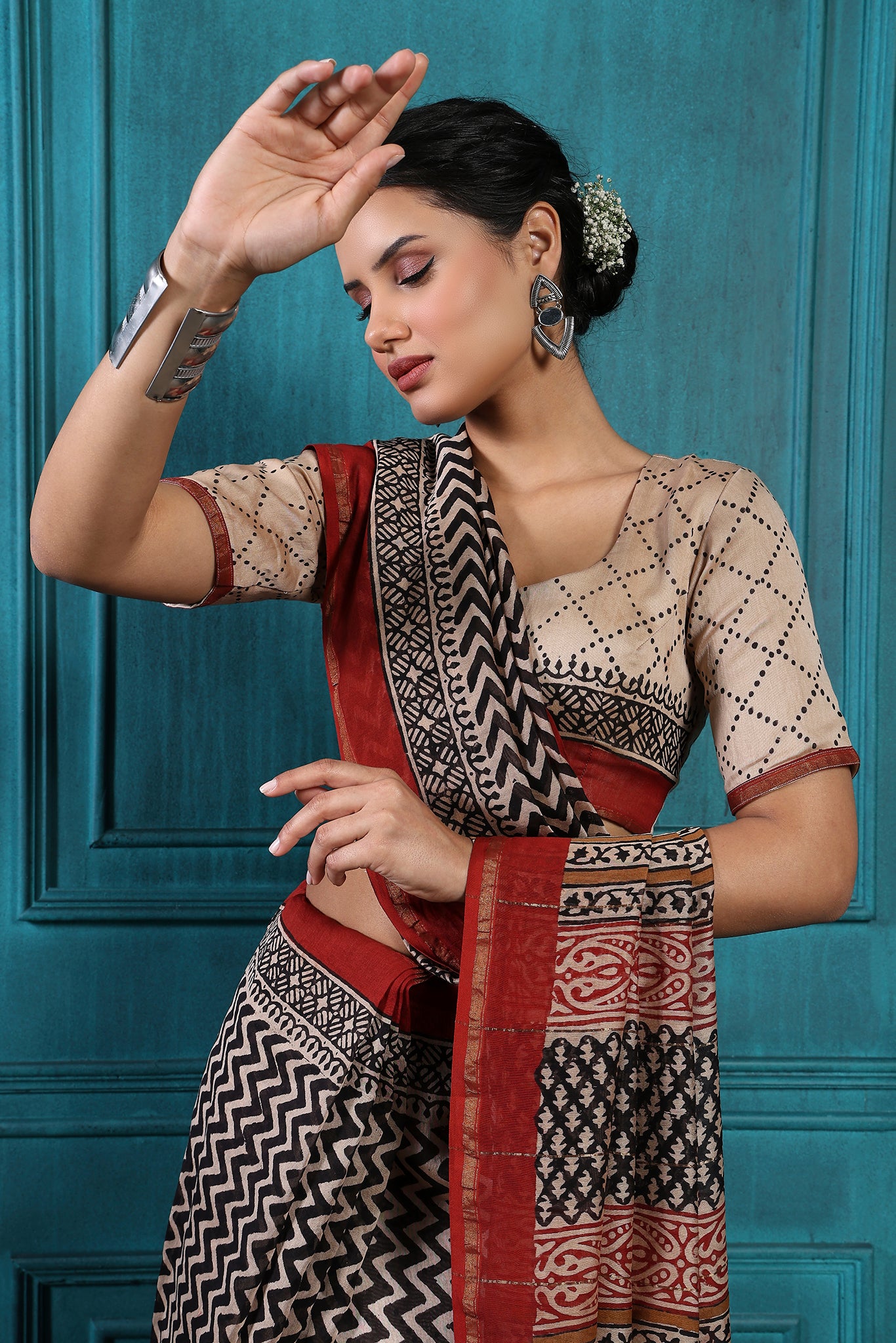 Almond Frost Handblock Printed Chanderi Saree - House of Ayuda