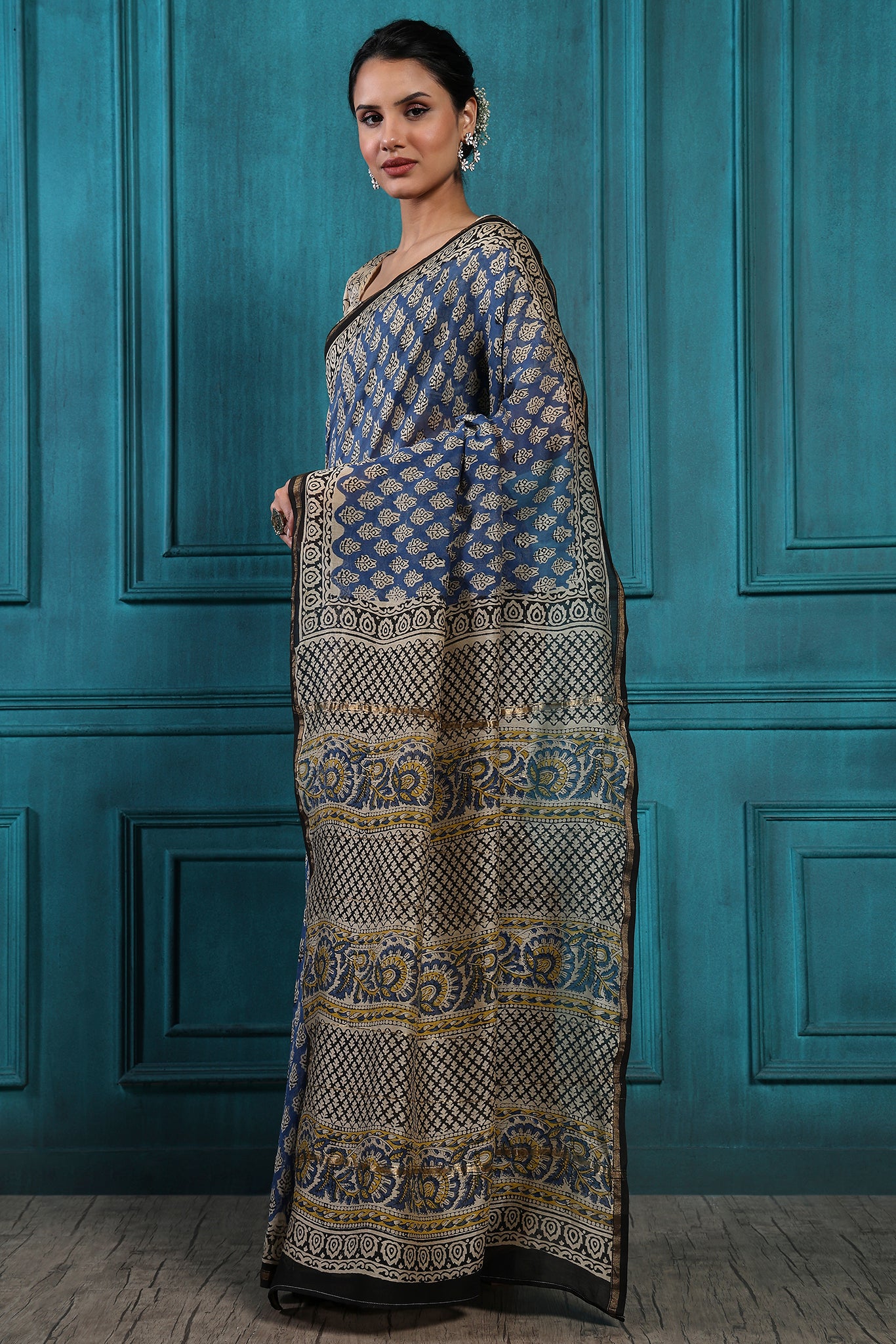 Pickled Bluewood Handblock Printed Chanderi Saree - House of Ayuda