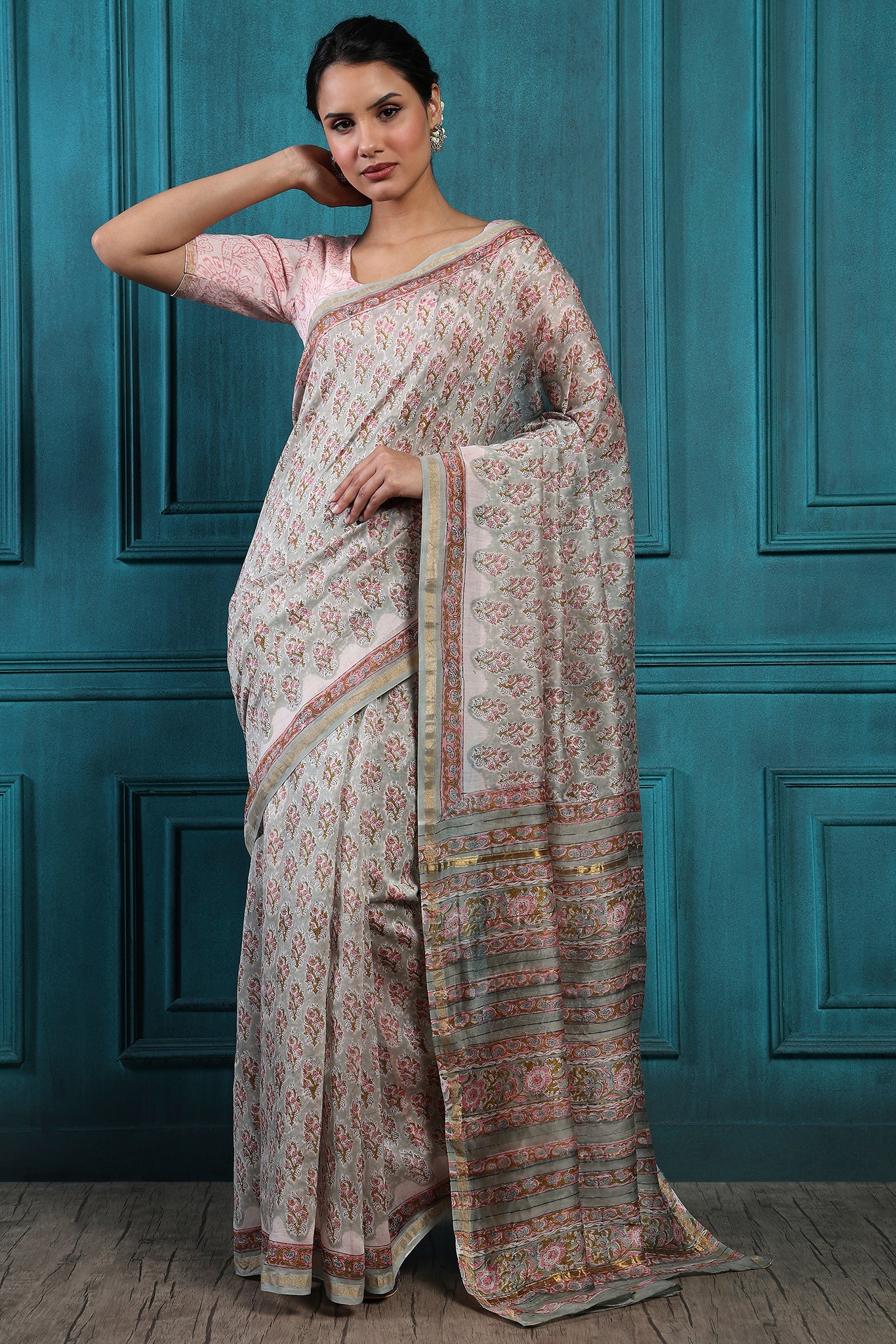 Cotton Seed Handblock Printed Chanderi Saree - House of Ayuda