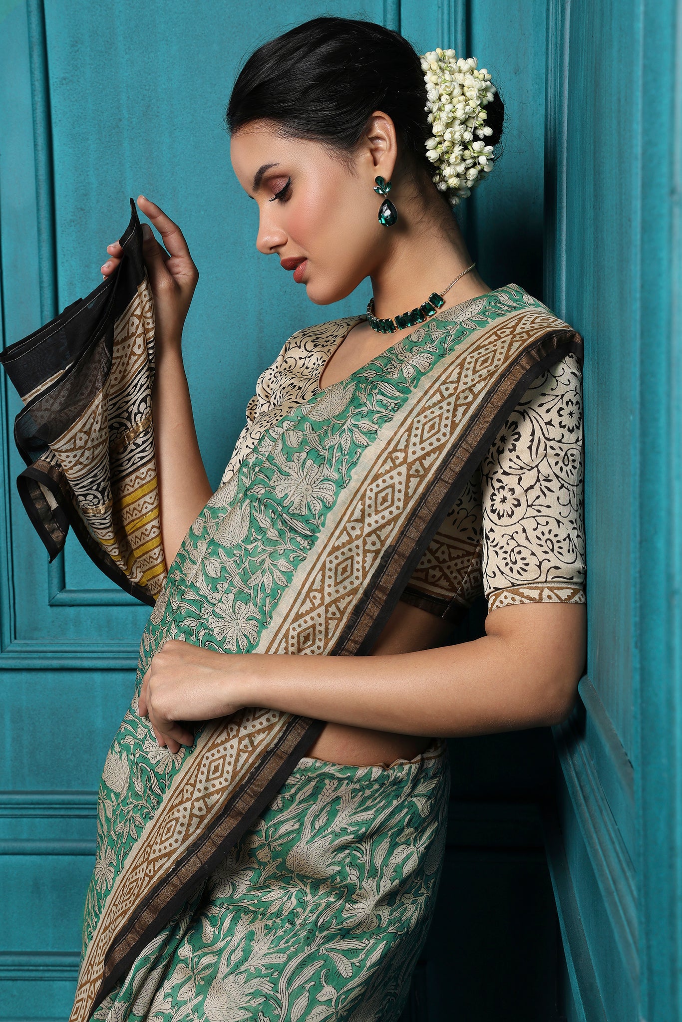 Bronco Handblock Printed Chanderi Saree - House of Ayuda