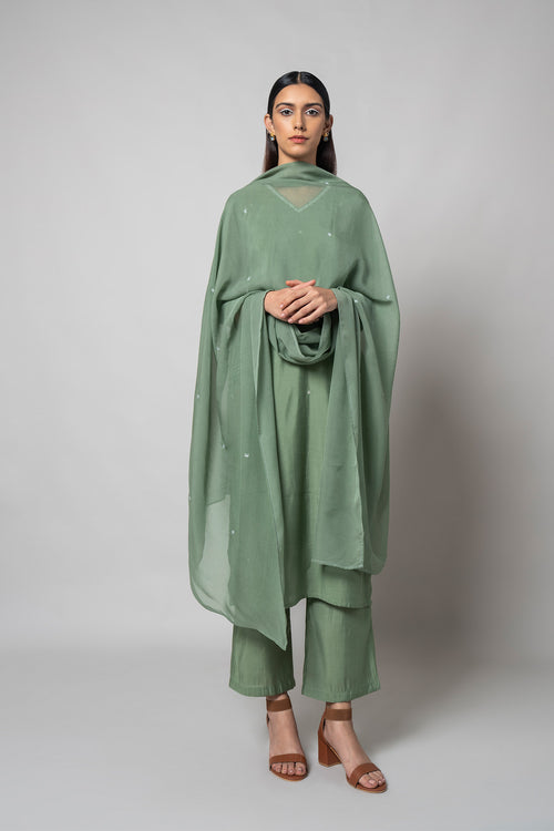 Spanish Green Hand Embroidered-Silk Kurta Set - House of Ayuda