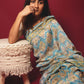 Dusty Blue Handblock Printed Chanderi Saree - House of Ayuda