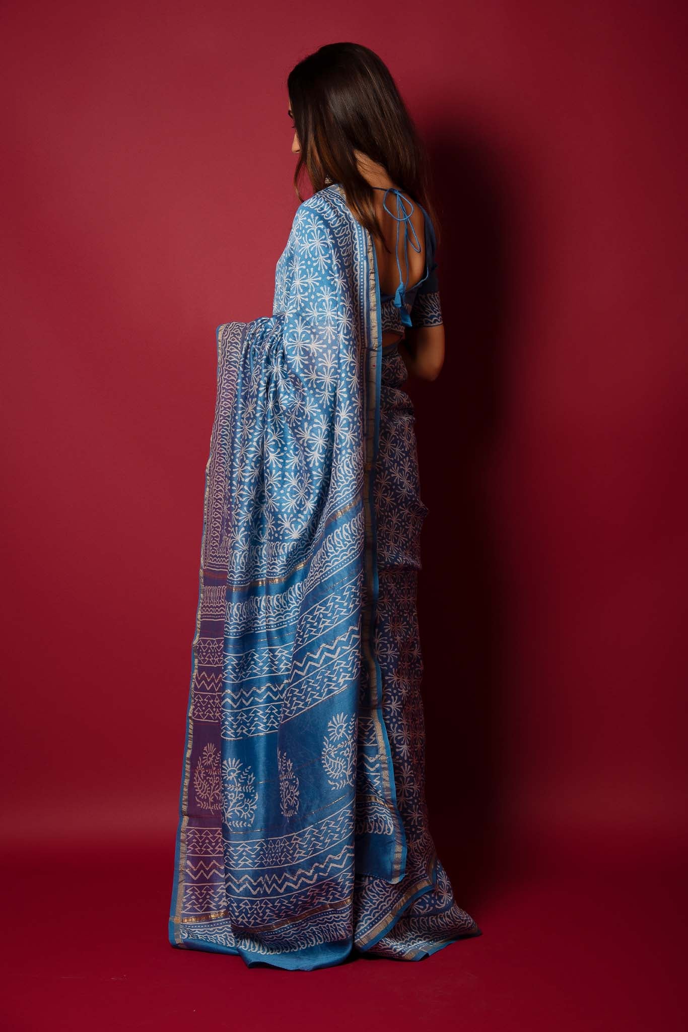 Silk Blue Handblock Printed Chanderi Saree - House of Ayuda