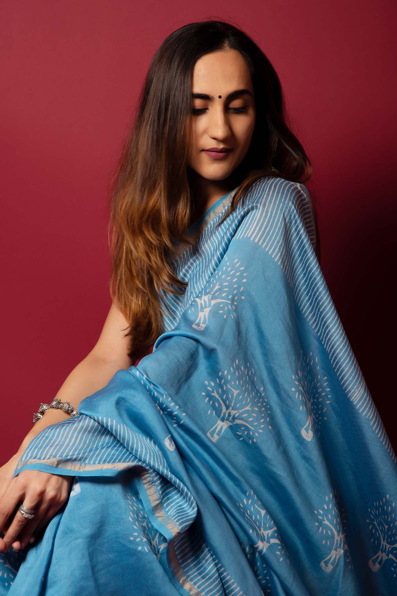 Glacial Blue Handblock Printed Chanderi Saree - House of Ayuda