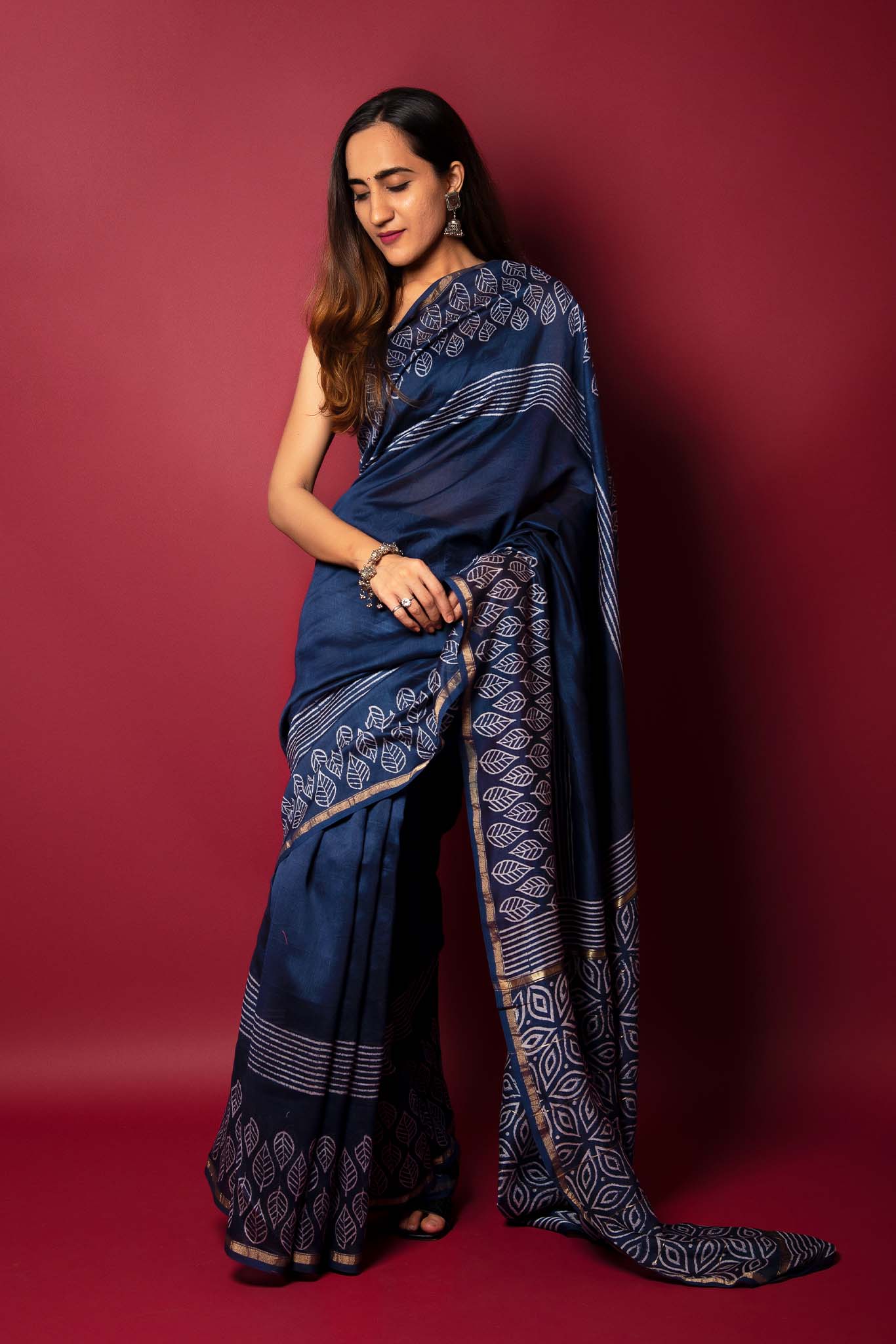 Blue Whale Handblock Printed Chanderi Saree - House of Ayuda