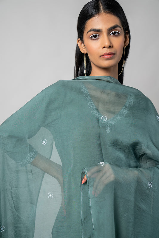 Greyish Turquoise Silk Kurta Set - House of Ayuda