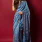 Silk Blue Handblock Printed Chanderi Saree - House of Ayuda