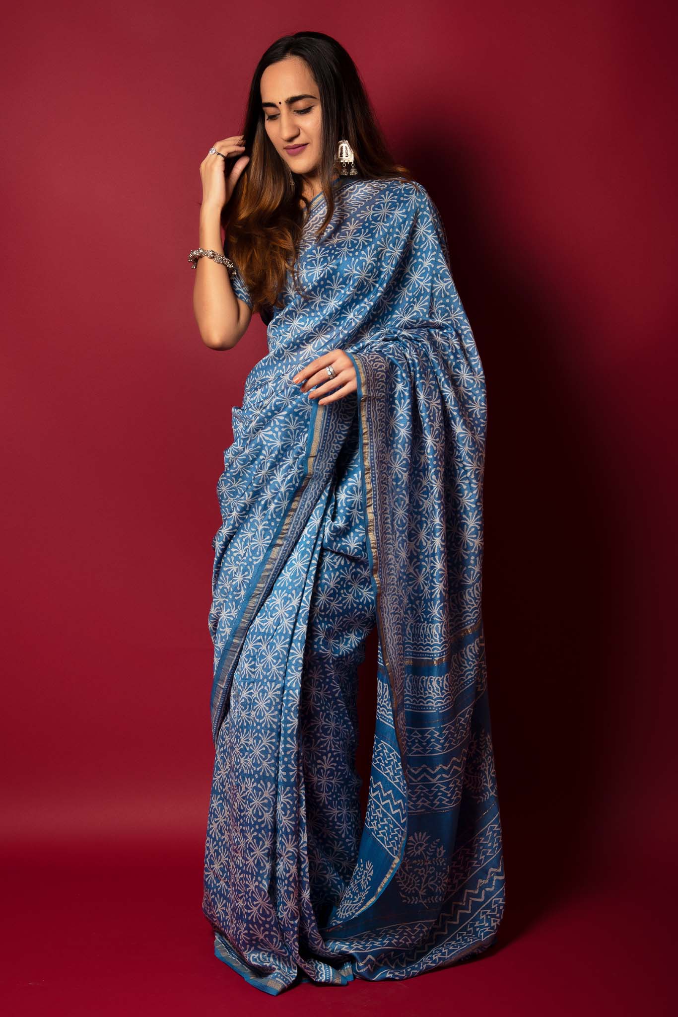Silk Blue Handblock Printed Chanderi Saree - House of Ayuda