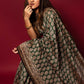 Charcoal Green Handblock Printed Chanderi Saree - House of Ayuda