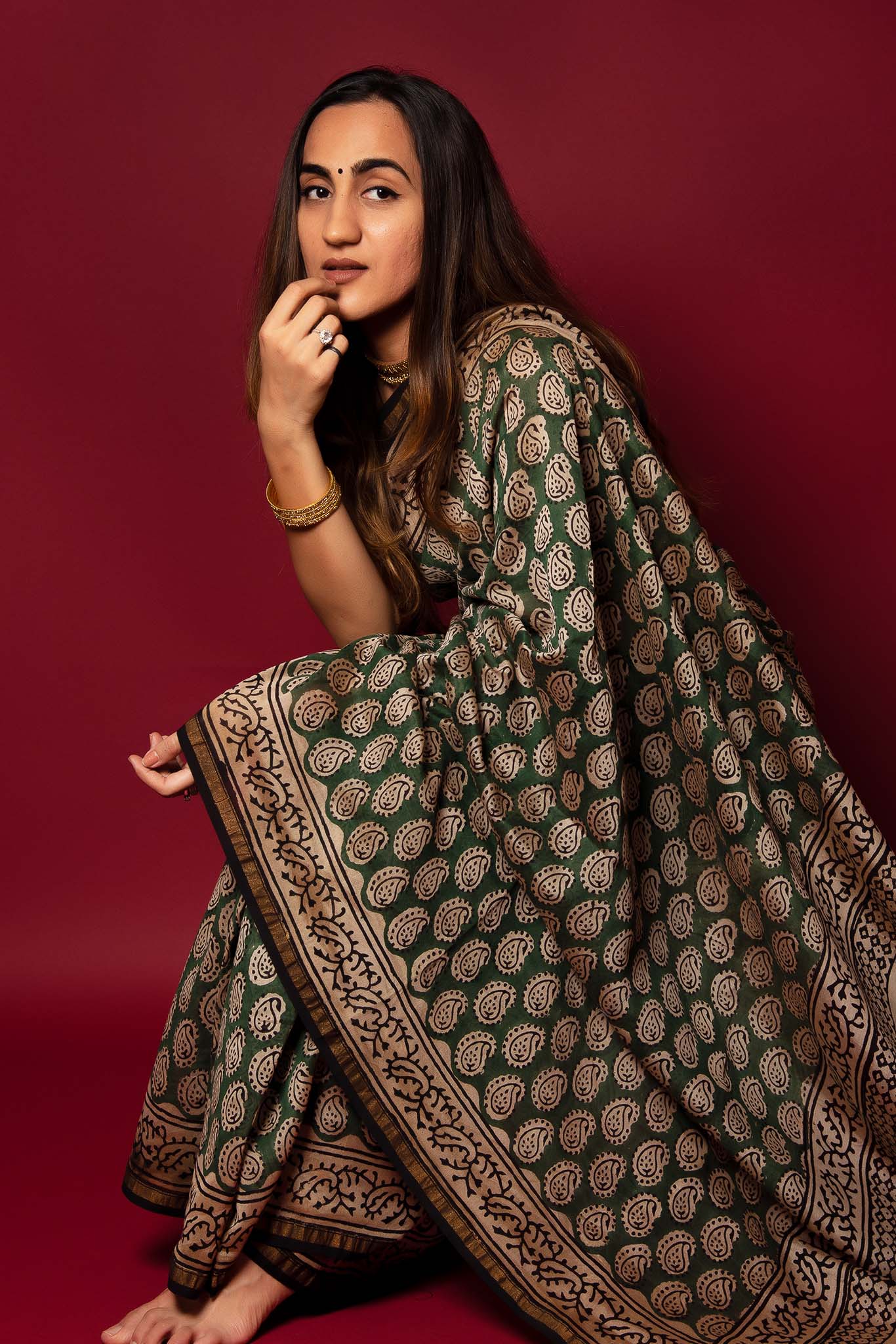 Charcoal Green Handblock Printed Chanderi Saree - House of Ayuda