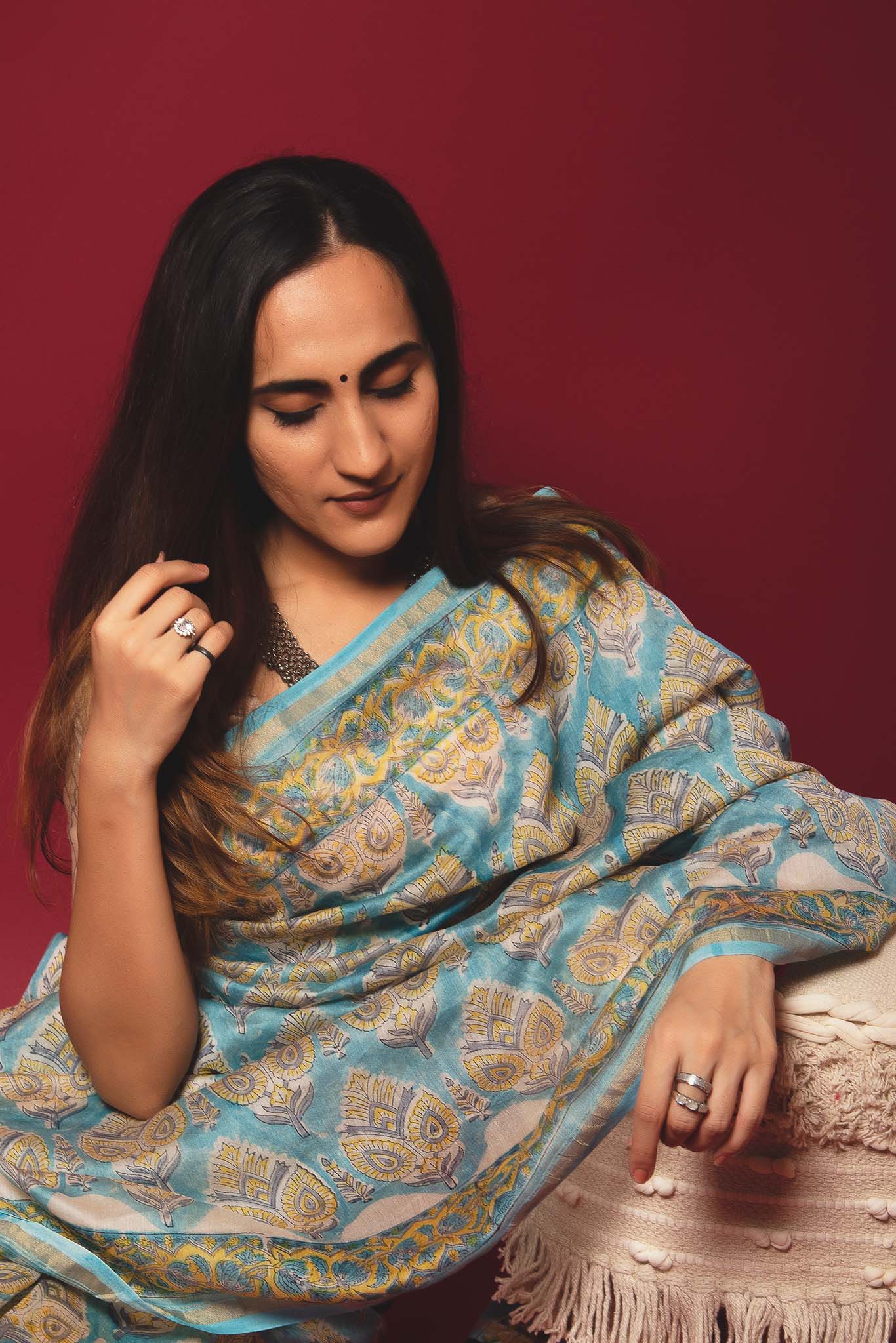 Dusty Blue Handblock Printed Chanderi Saree - House of Ayuda