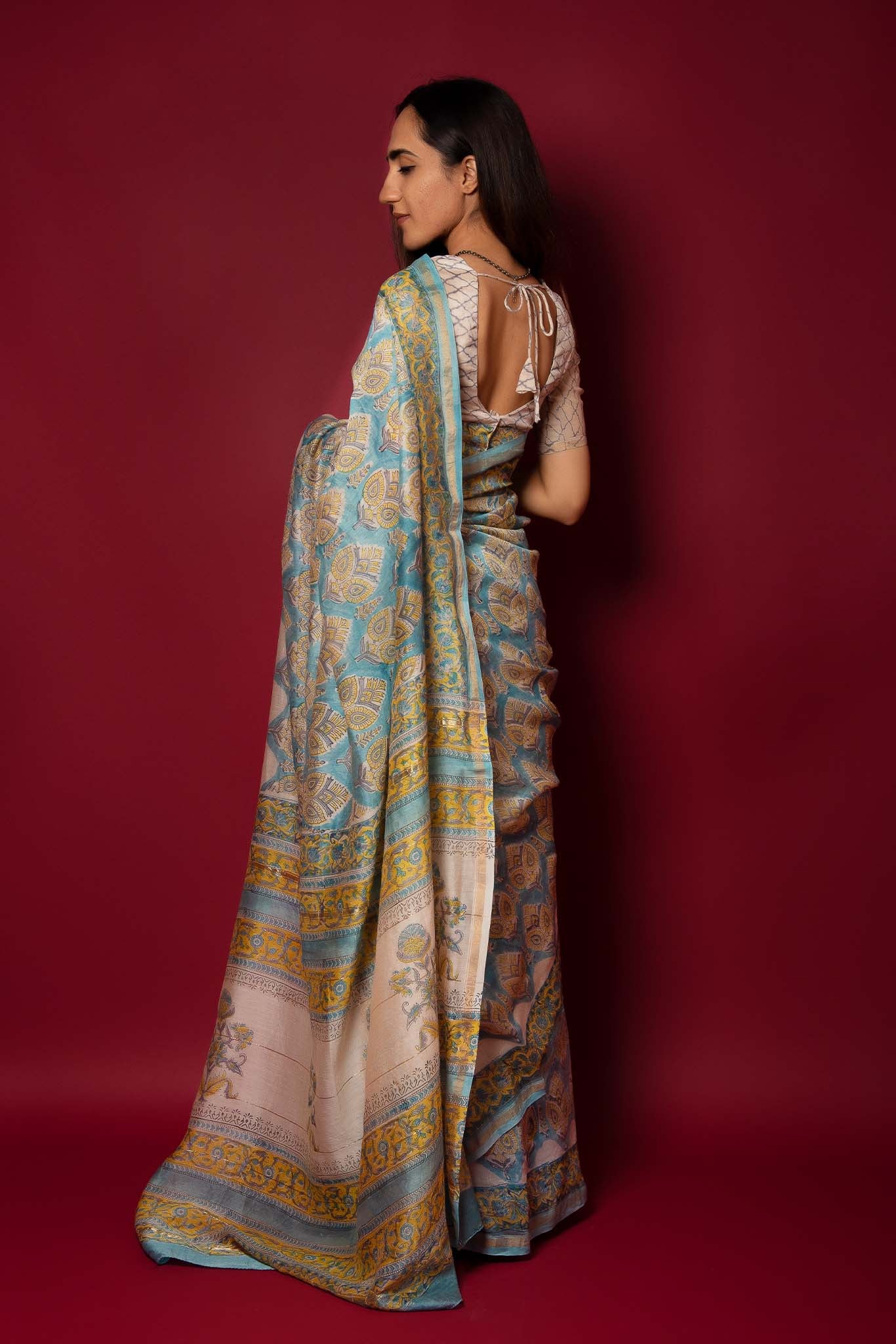 Dusty Blue Handblock Printed Chanderi Saree - House of Ayuda